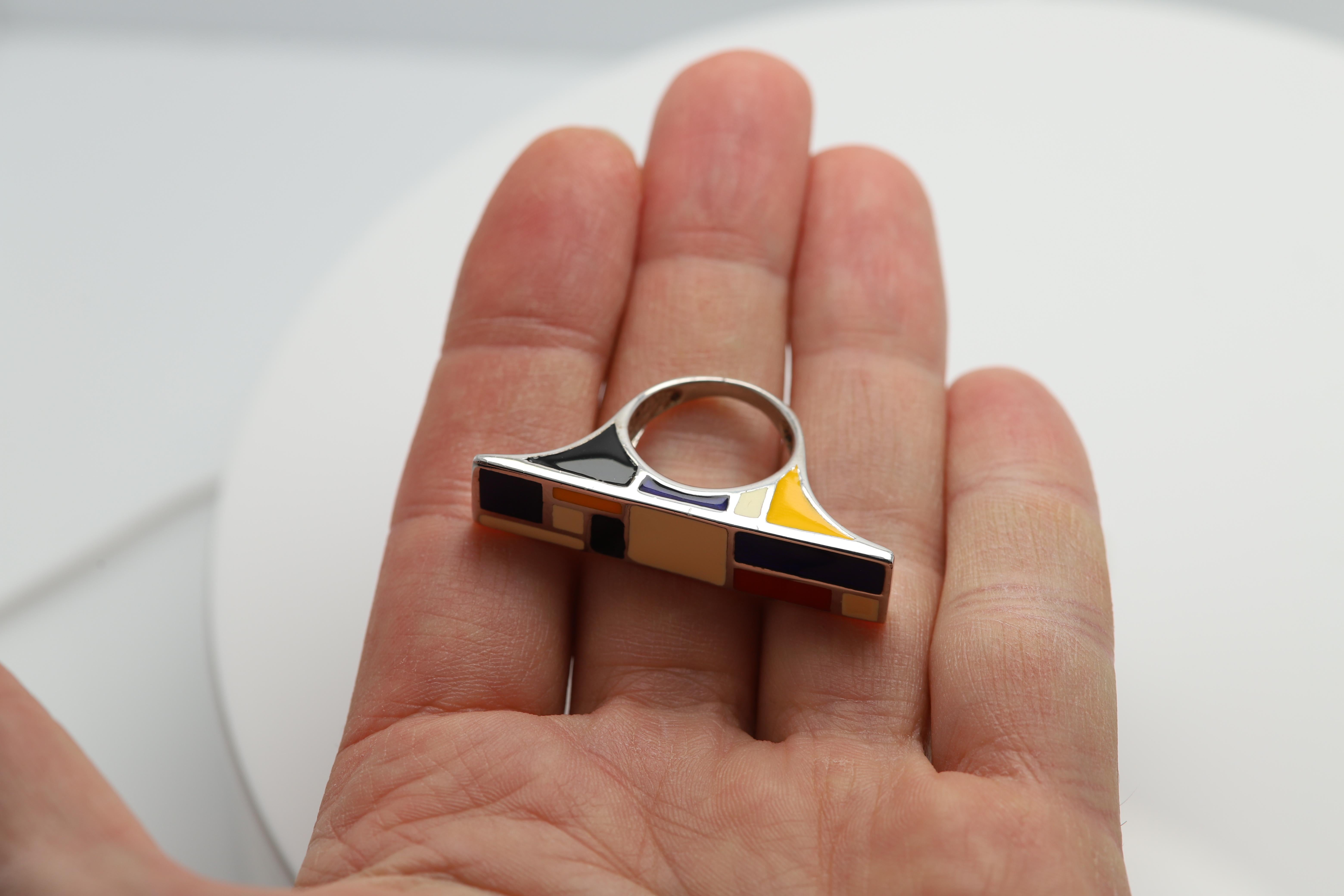 Art Ring Sterling Silver famous artist Mondrian Enamel Inspired Artistic Ring For Sale 1