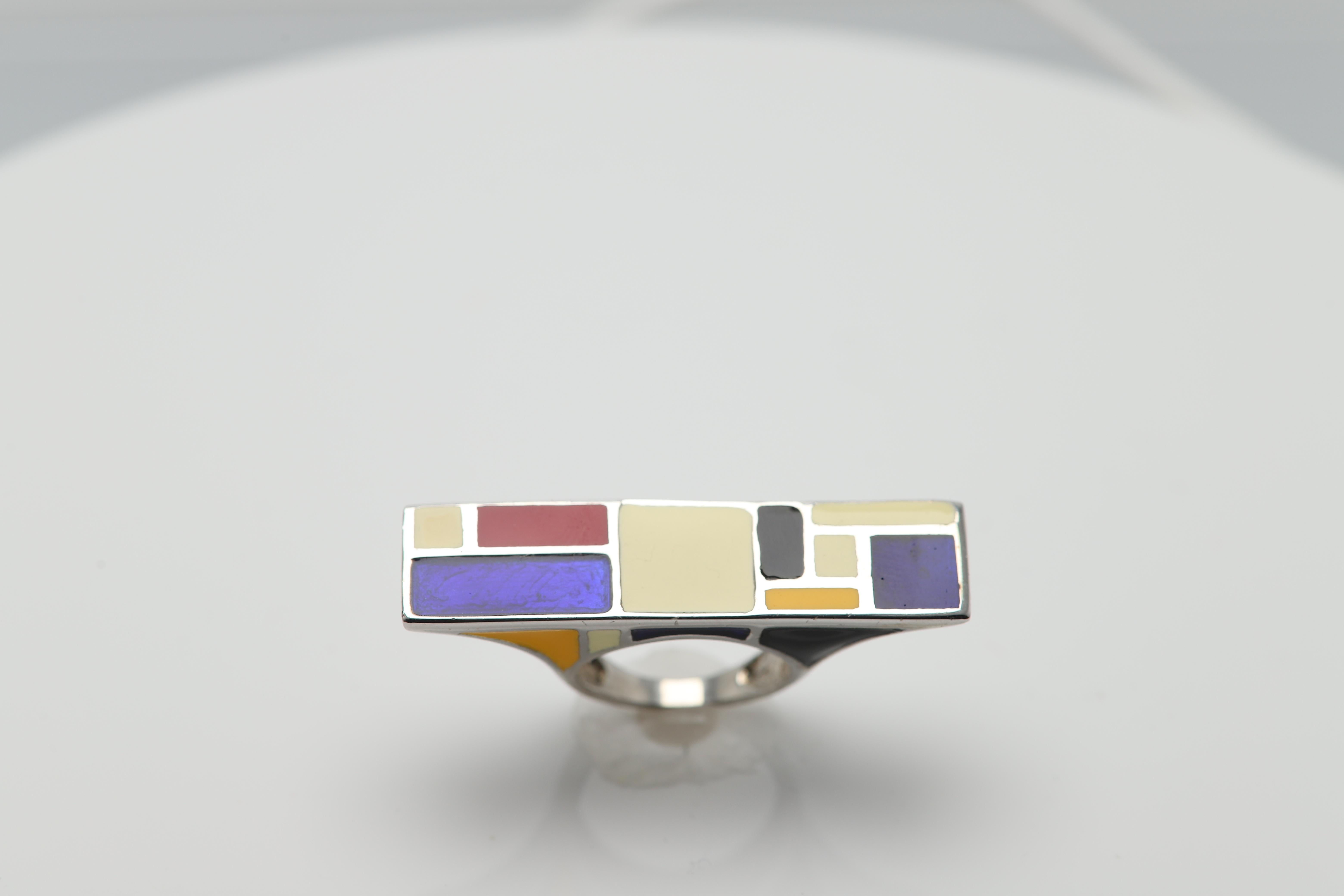 Mondrian Inspired Art Ring Sterling Silver Made in Italy Enamel Fine Art Ring For Sale 3