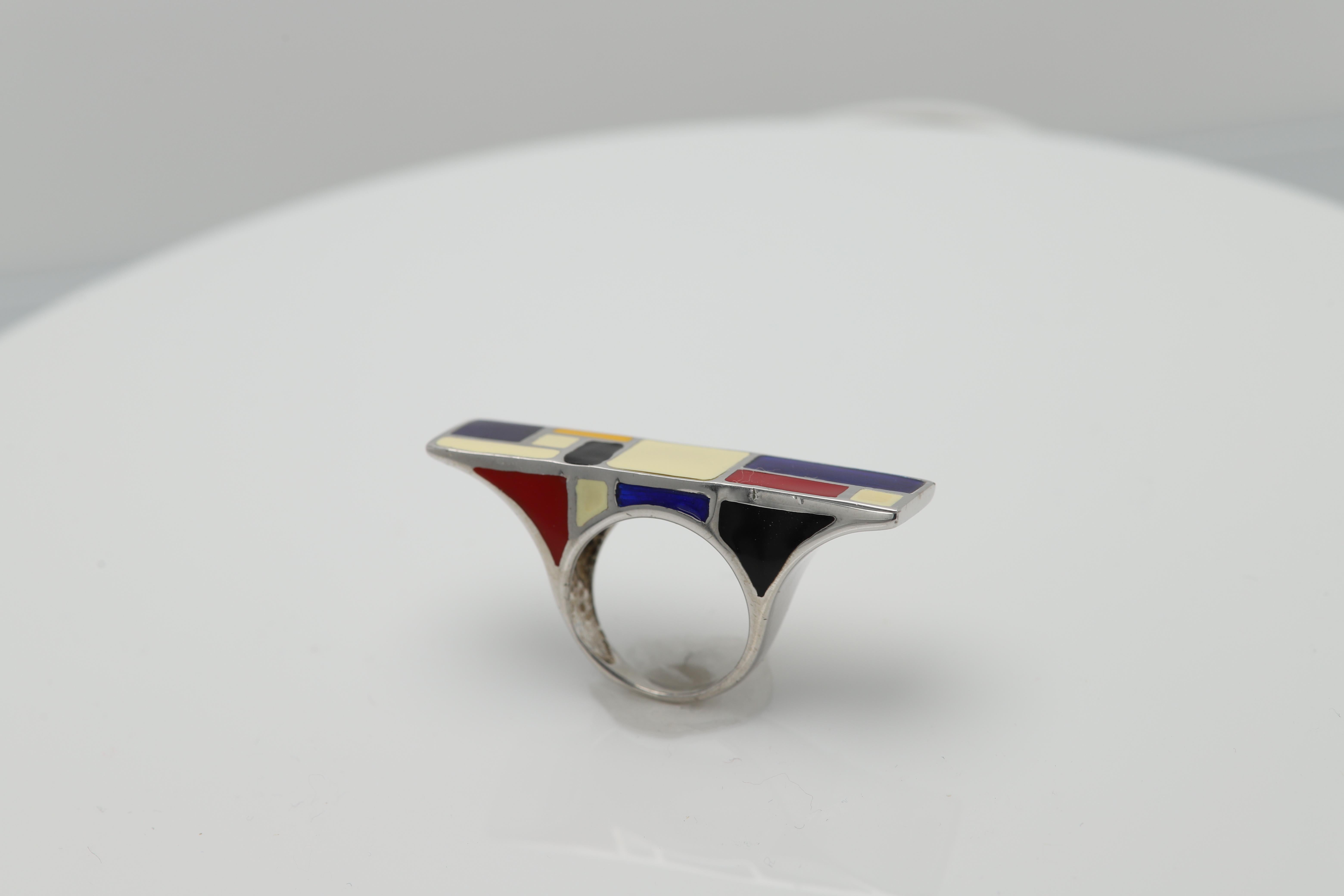 Mondrian Inspired Art Ring Sterling Silver Made in Italy Enamel Fine Art Ring For Sale 4