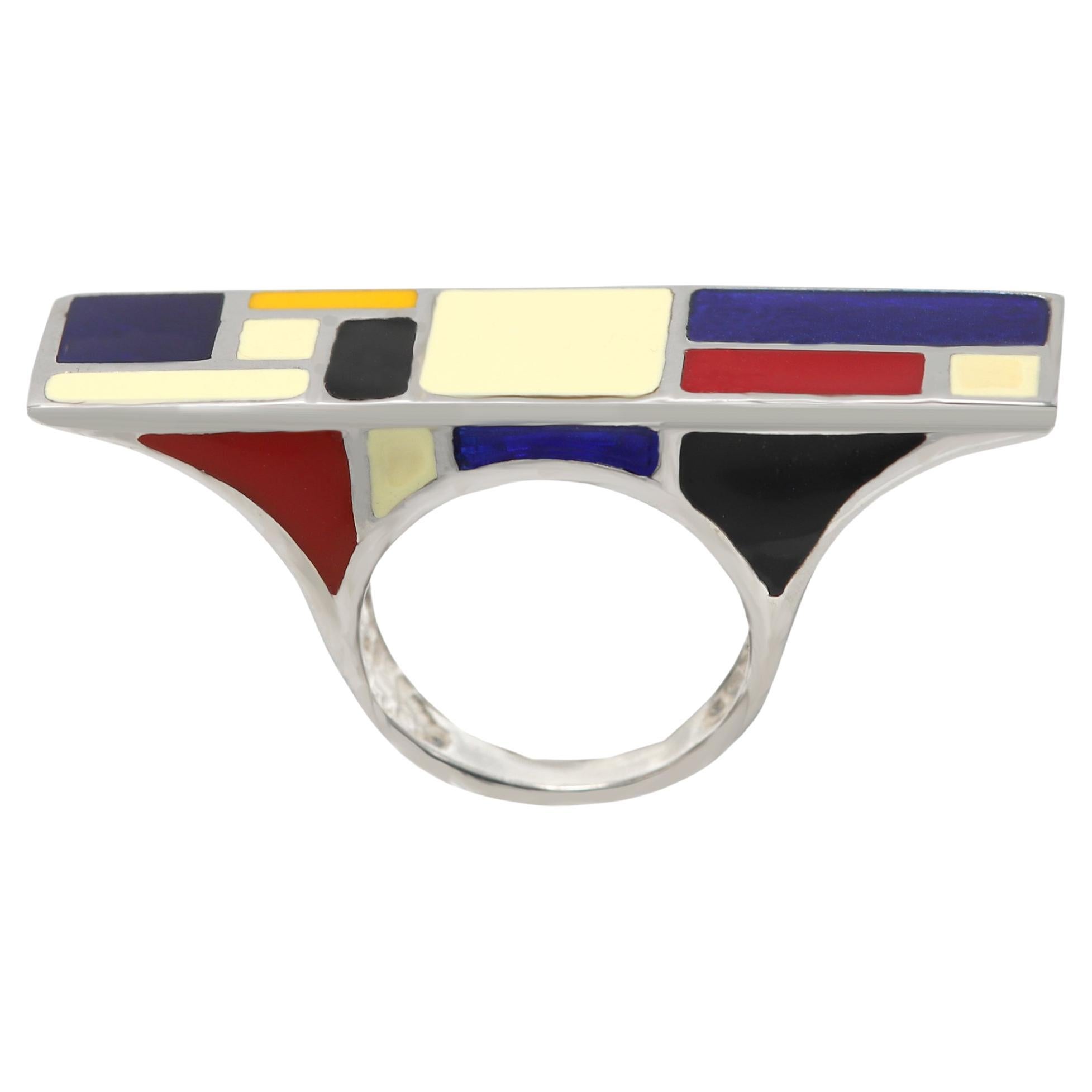 Mondrian Inspired Art Ring Sterling Silver Made in Italy Enamel Fine Art Ring For Sale