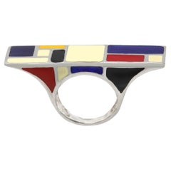 Bague d'art d'inspiration Mondrian en argent sterling et émail, fabriquée en Italie, bague d'art