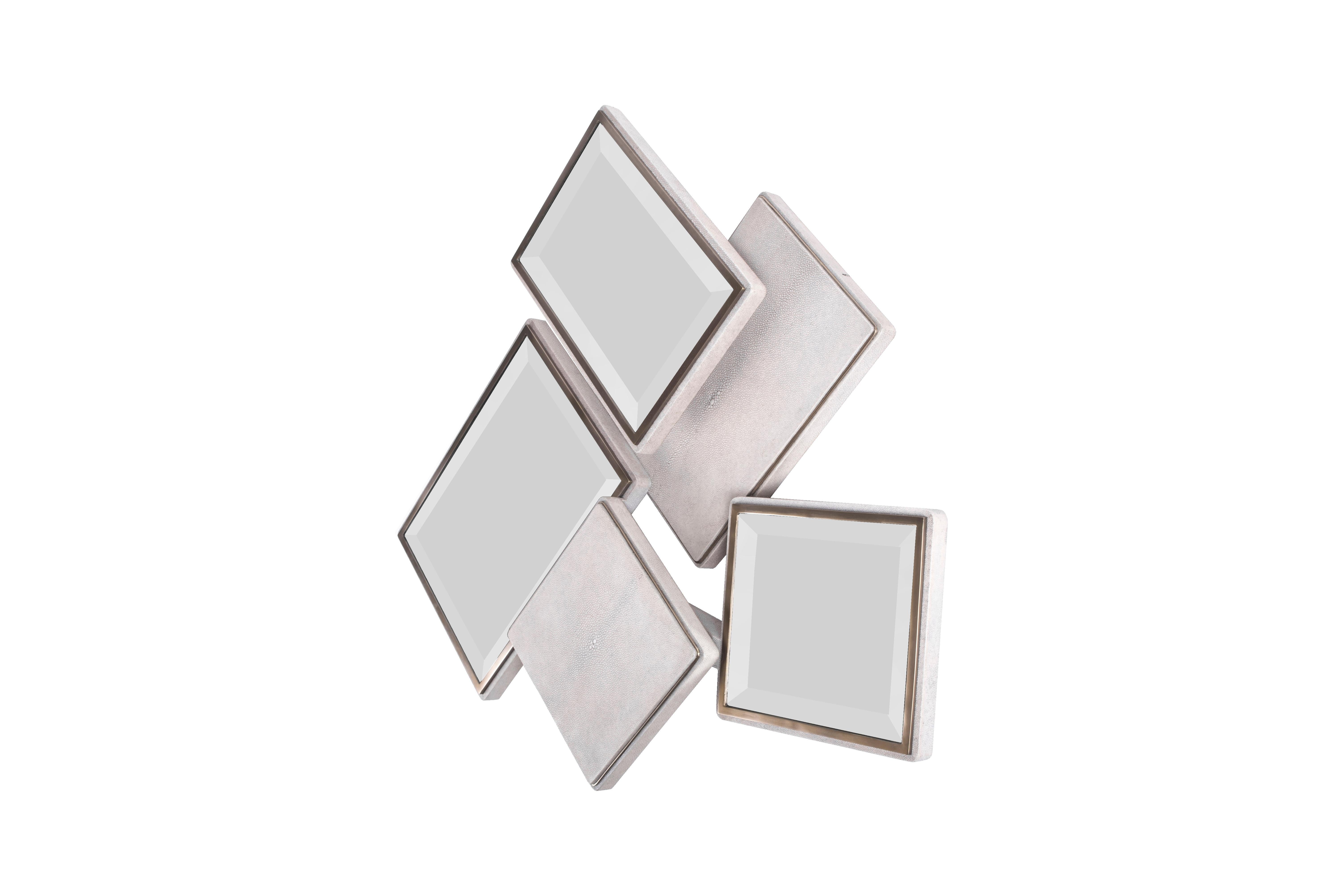 French Mondrian Mirror Large in Cream Shagreen and Bronze-Patina Brass by Kifu Paris For Sale