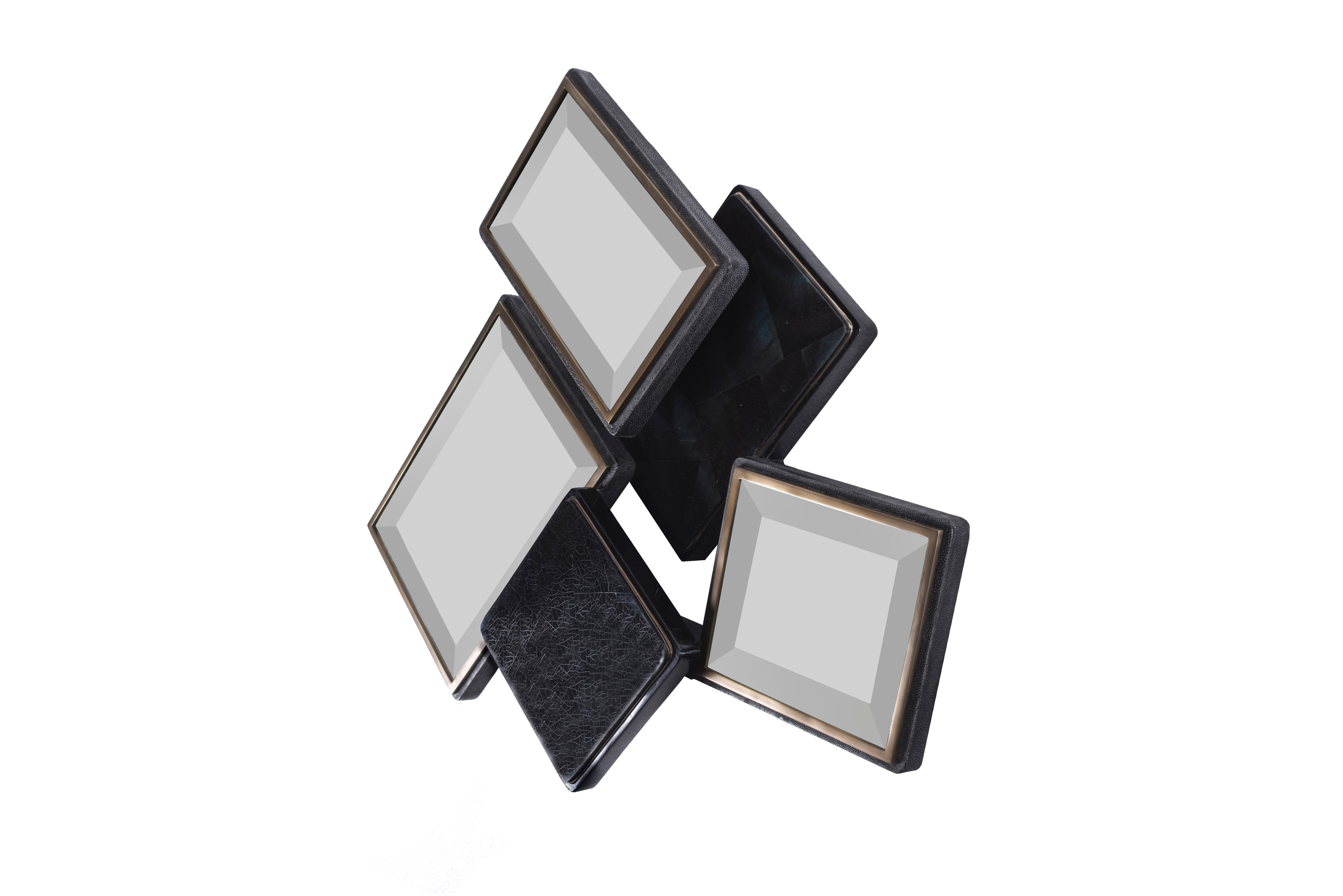 Mondrian-Spiegel, groß, cremefarbenes Chagrin- und Bronze-Patina-Messing von Kifu Paris im Angebot 1