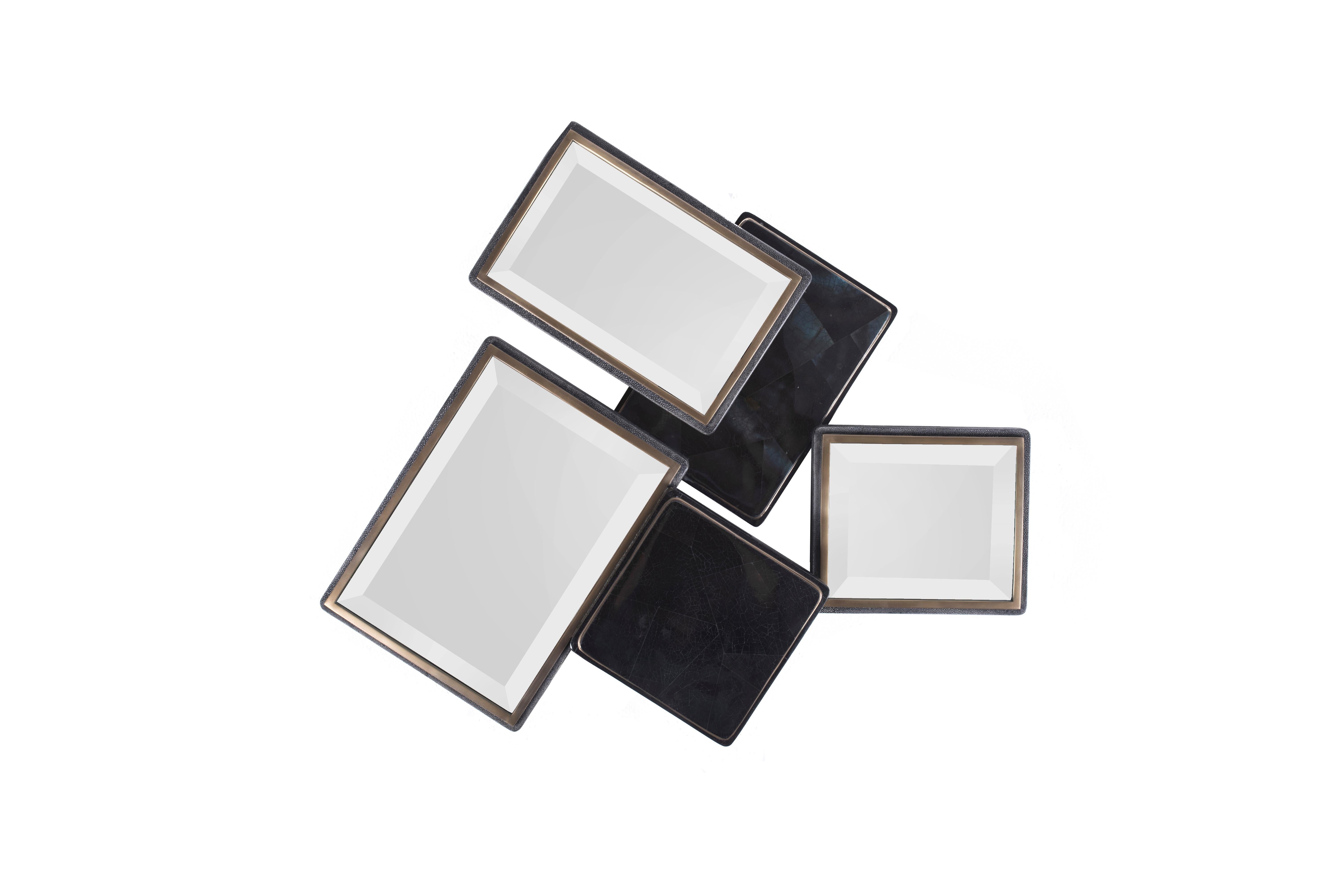 Mondrian-Spiegel S aus schwarzer Chagrinschale und Bronze-Patina-Messing von Kifu Paris (Art déco) im Angebot