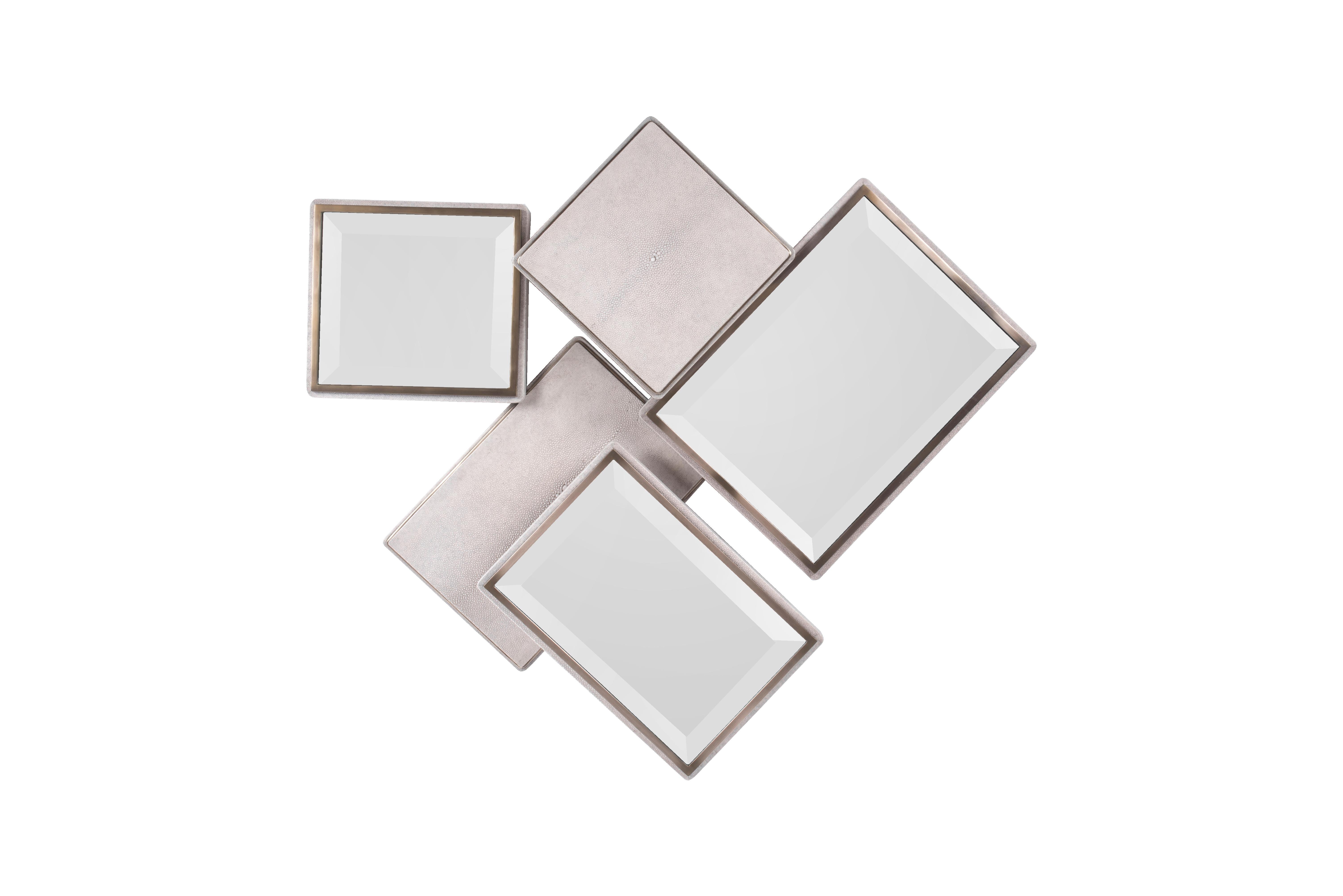 Shagreen Stingray Mondrian Mirror S in Shagreen Shell and Bronze-Patina Brass by Kifu Paris For Sale