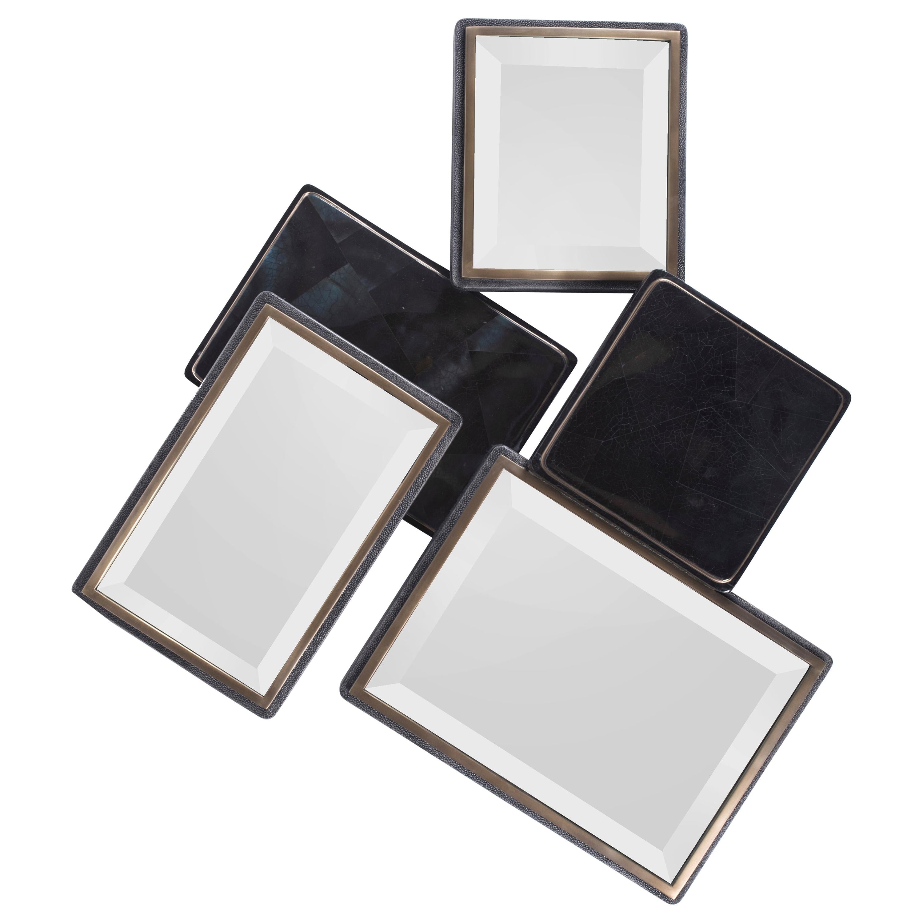 Mondrian-Spiegel S aus schwarzer Chagrinschale und Bronze-Patina-Messing von Kifu Paris im Angebot