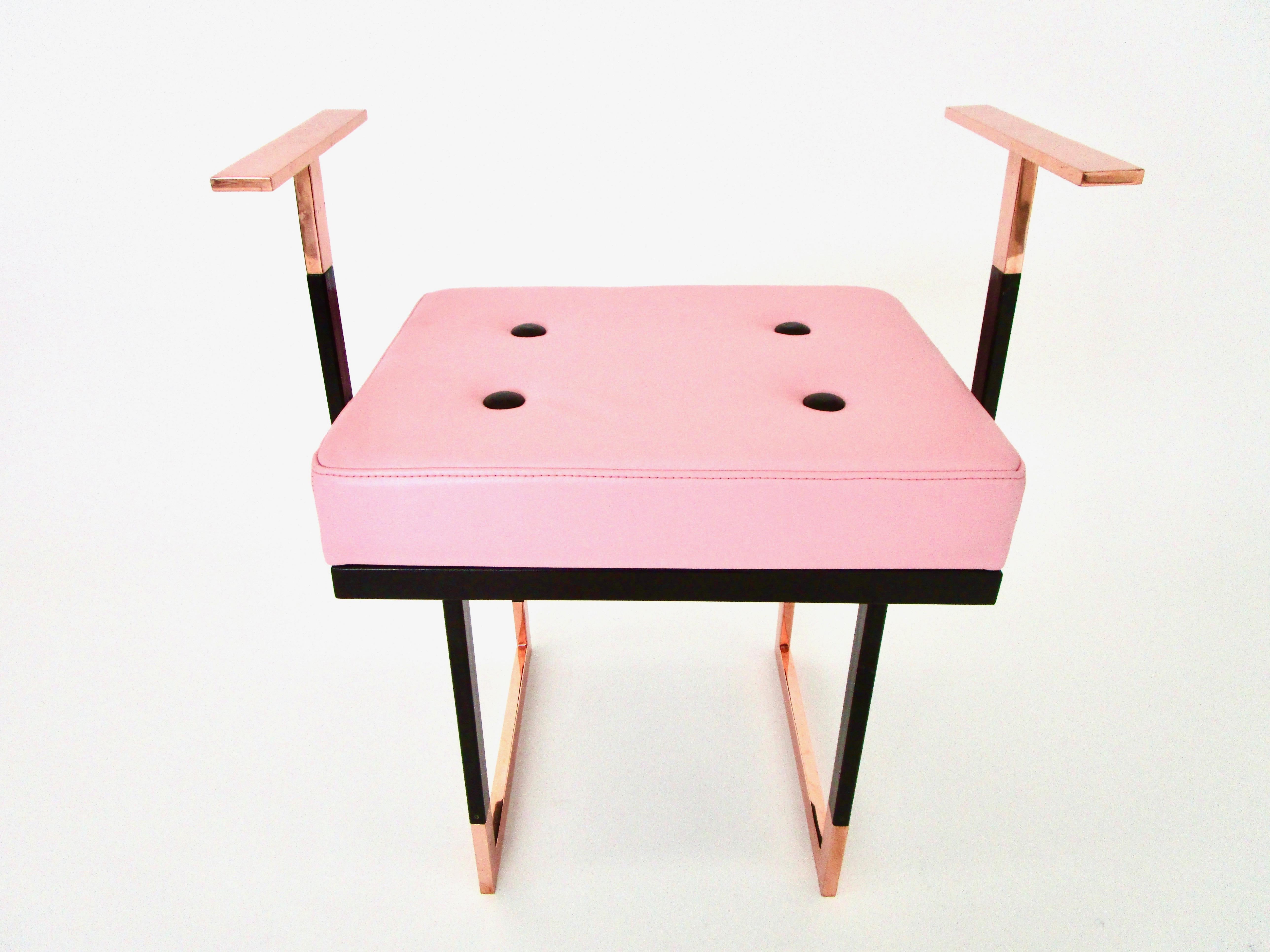 Glazed Mondrian Pink Pouf in Black and Pink Leather with Glossy Brass and Black Iron For Sale