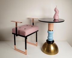 Mondrian Pink Pouf in Black and Pink Leather with Glossy Brass and Black Iron
