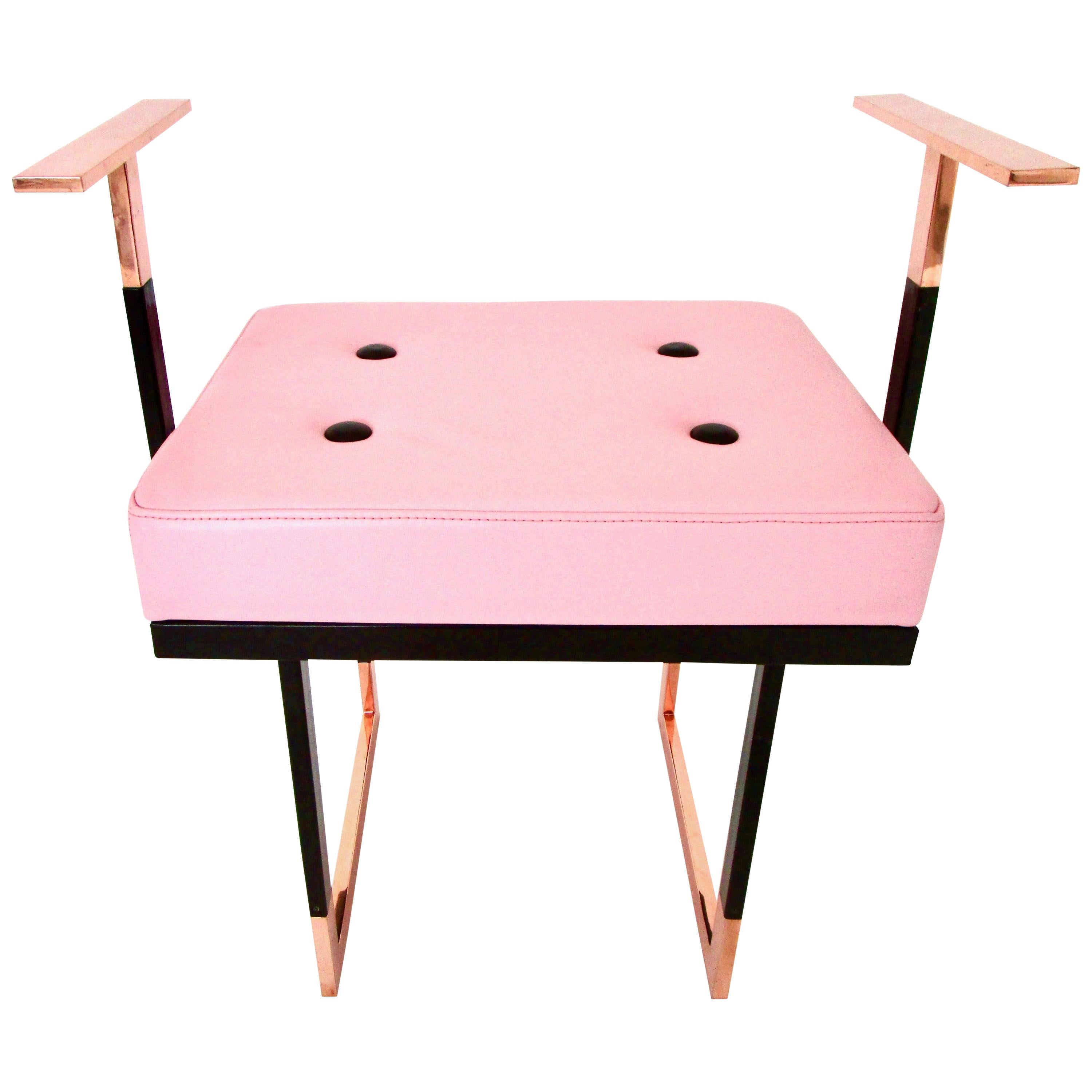 Mondrian Pink Pouf in Black and Pink Leather with Glossy Brass and Black Iron For Sale