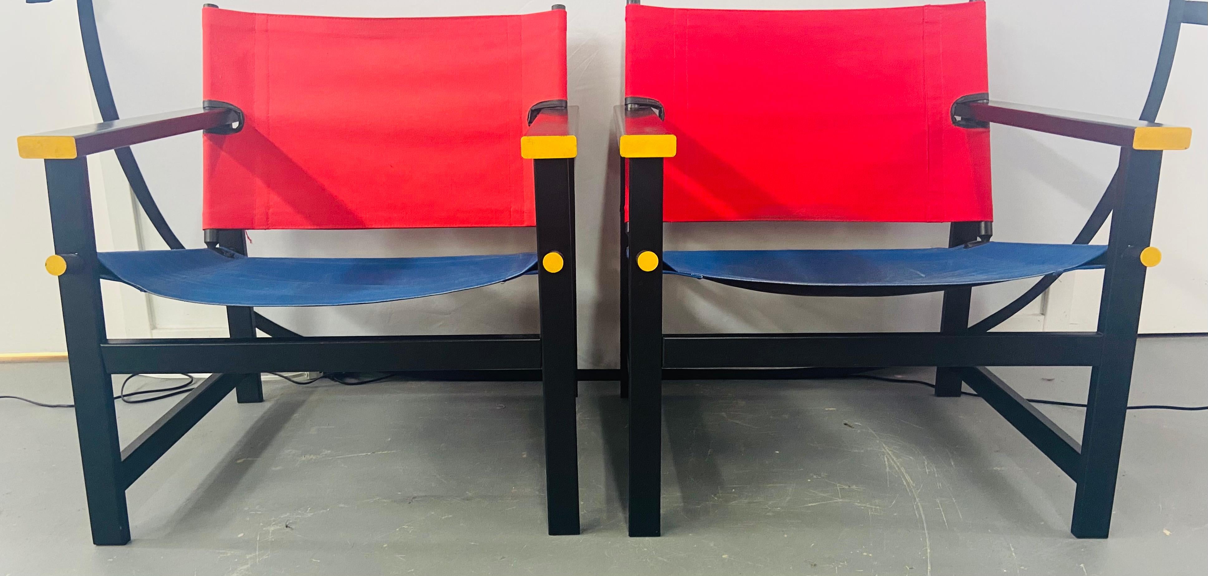 De Stijl Mondrian Red and Blue Style Sling Chair, a Pair