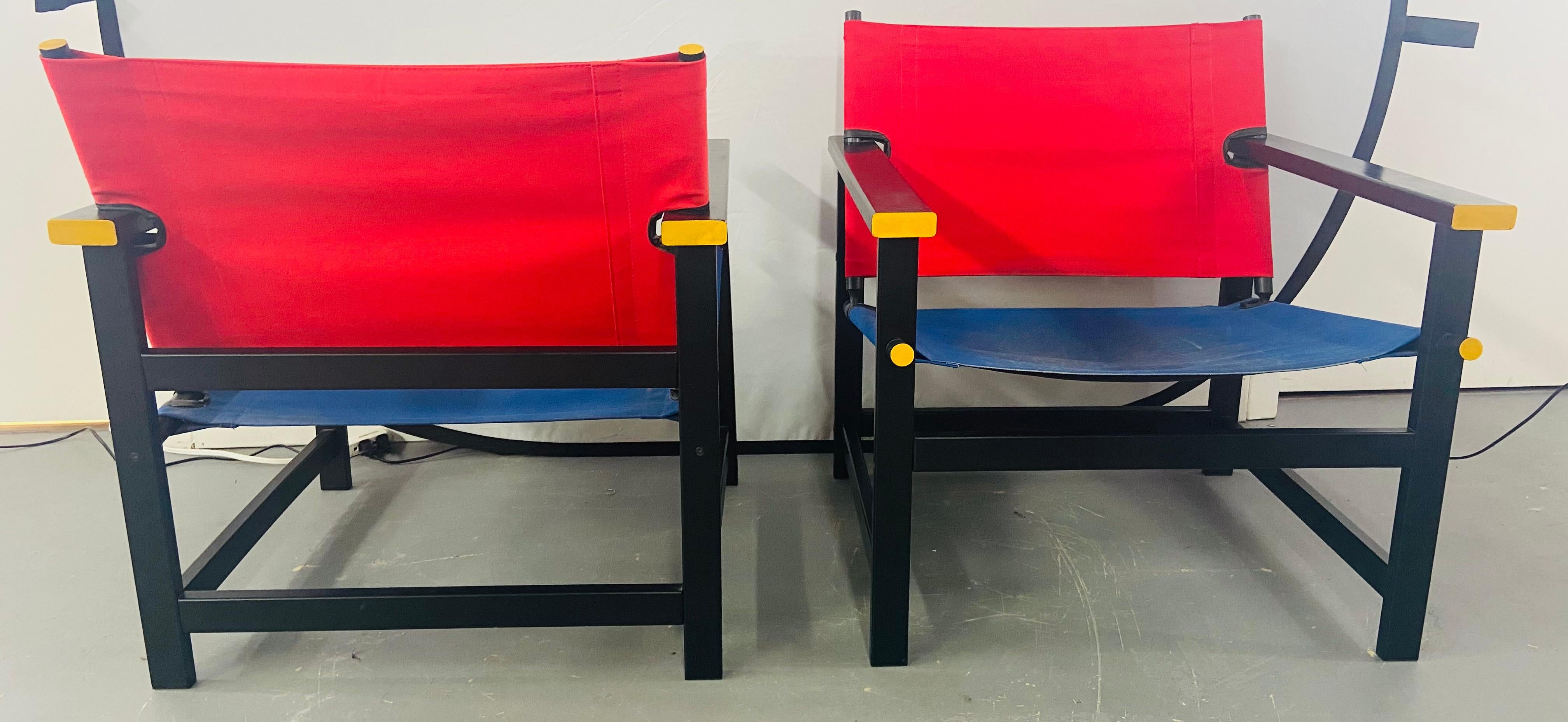 Mondrian Red and Blue Style Sling Chair, a Pair In Good Condition In Plainview, NY