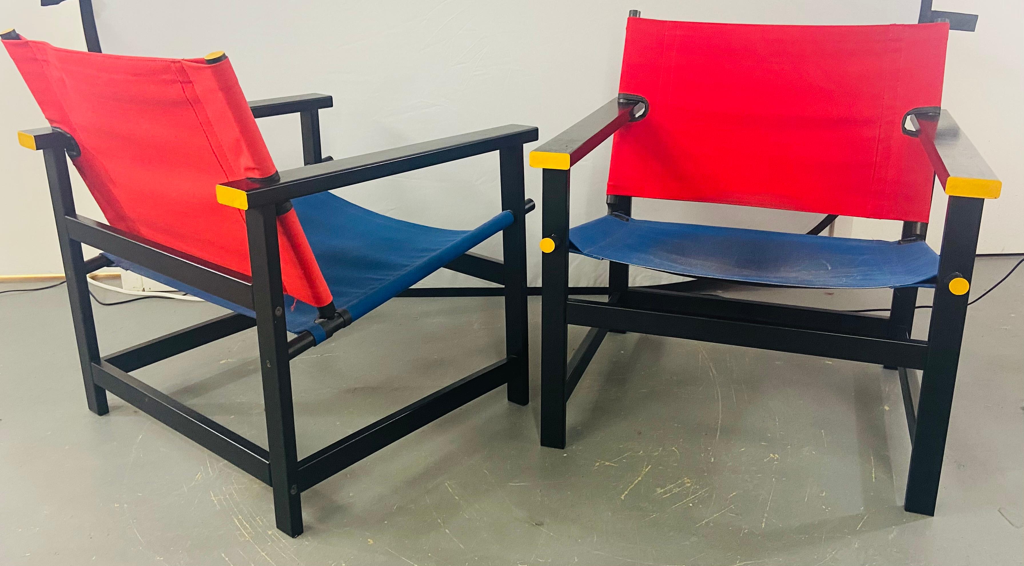 20th Century Mondrian Red and Blue Style Sling Chair, a Pair