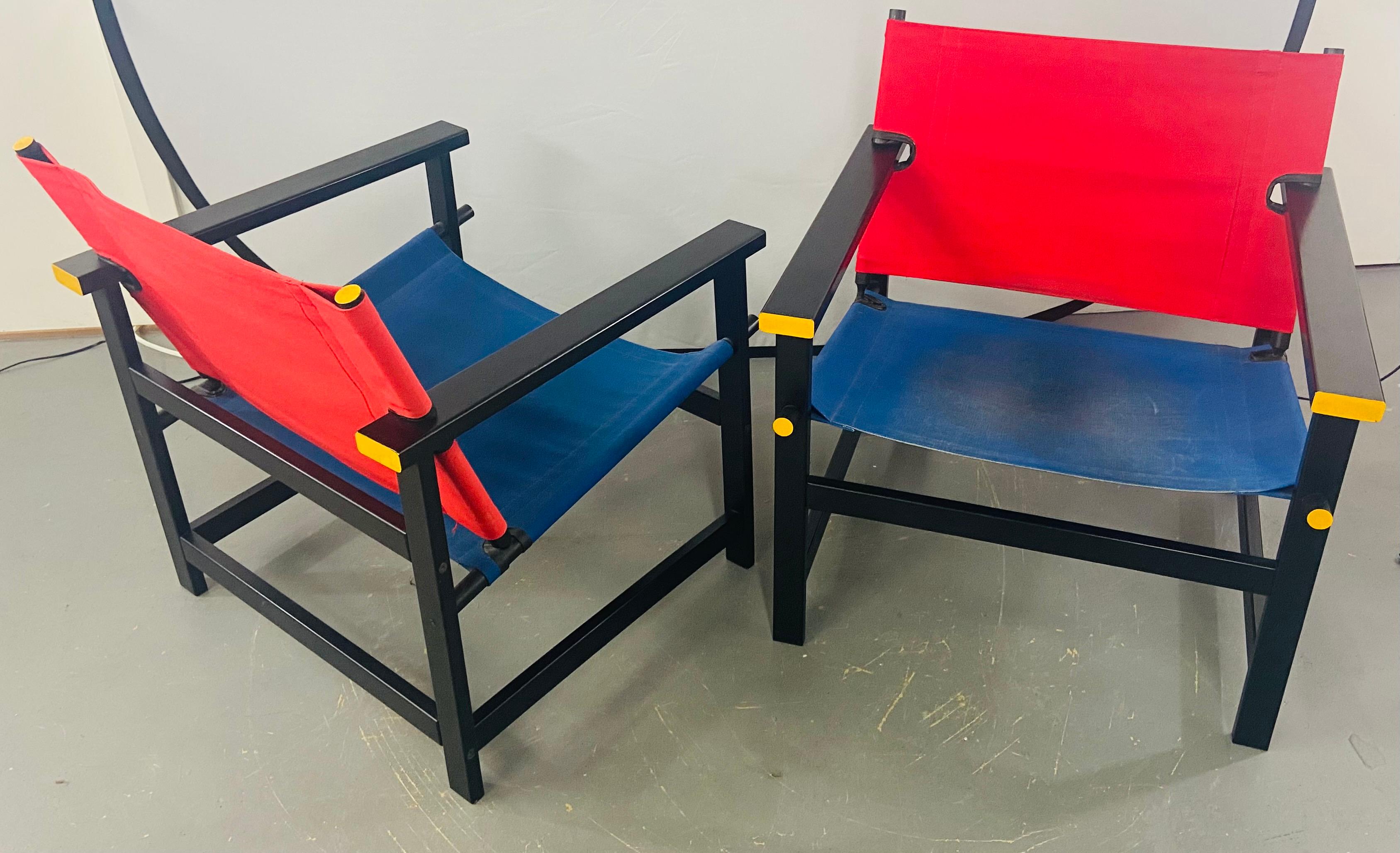 Textile Mondrian Red and Blue Style Sling Chair, a Pair