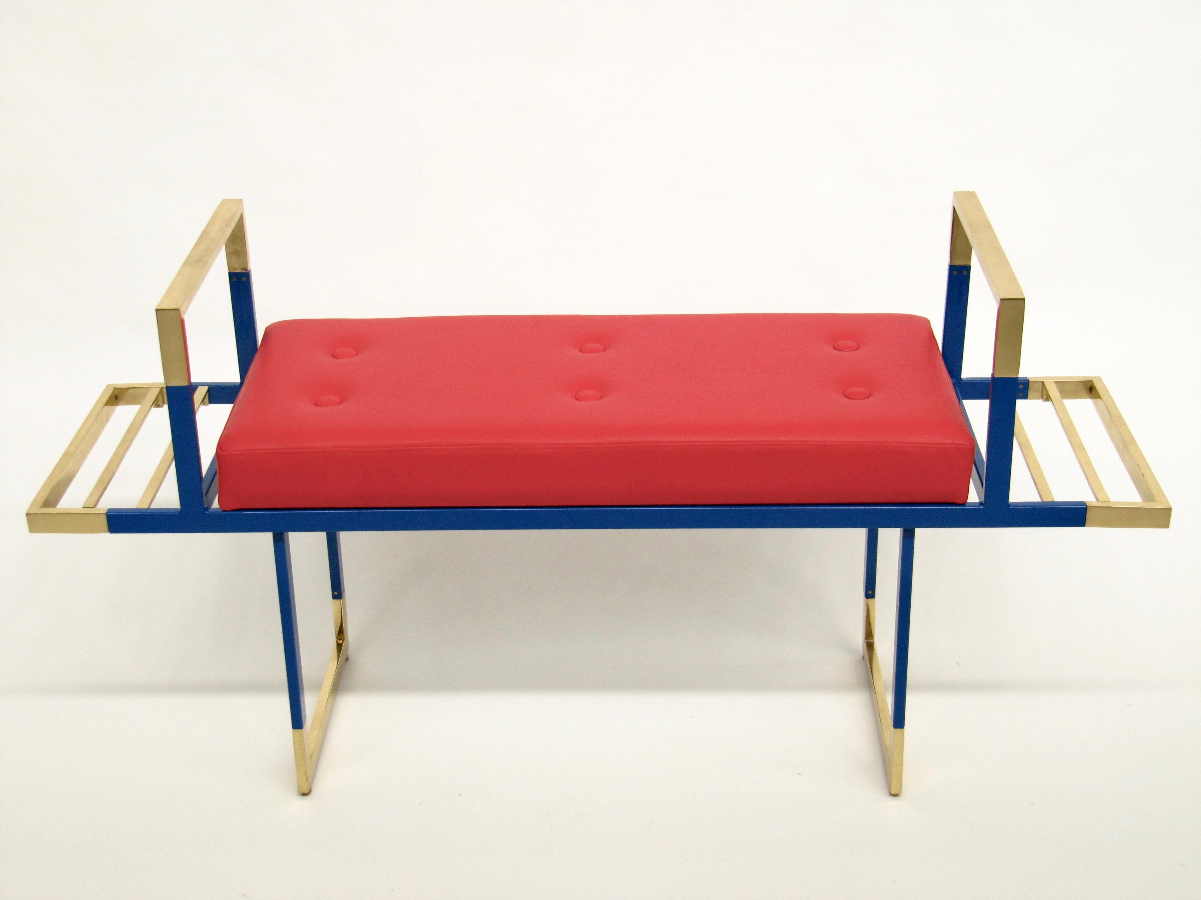 Mondrian Red Bench by Nicola Falcone

The structure is made of a rectangular seat upholstered in red leather with six black leather buttons that rest on an iron and brass frame. The contrast of the golden polished finish of the brass and blue