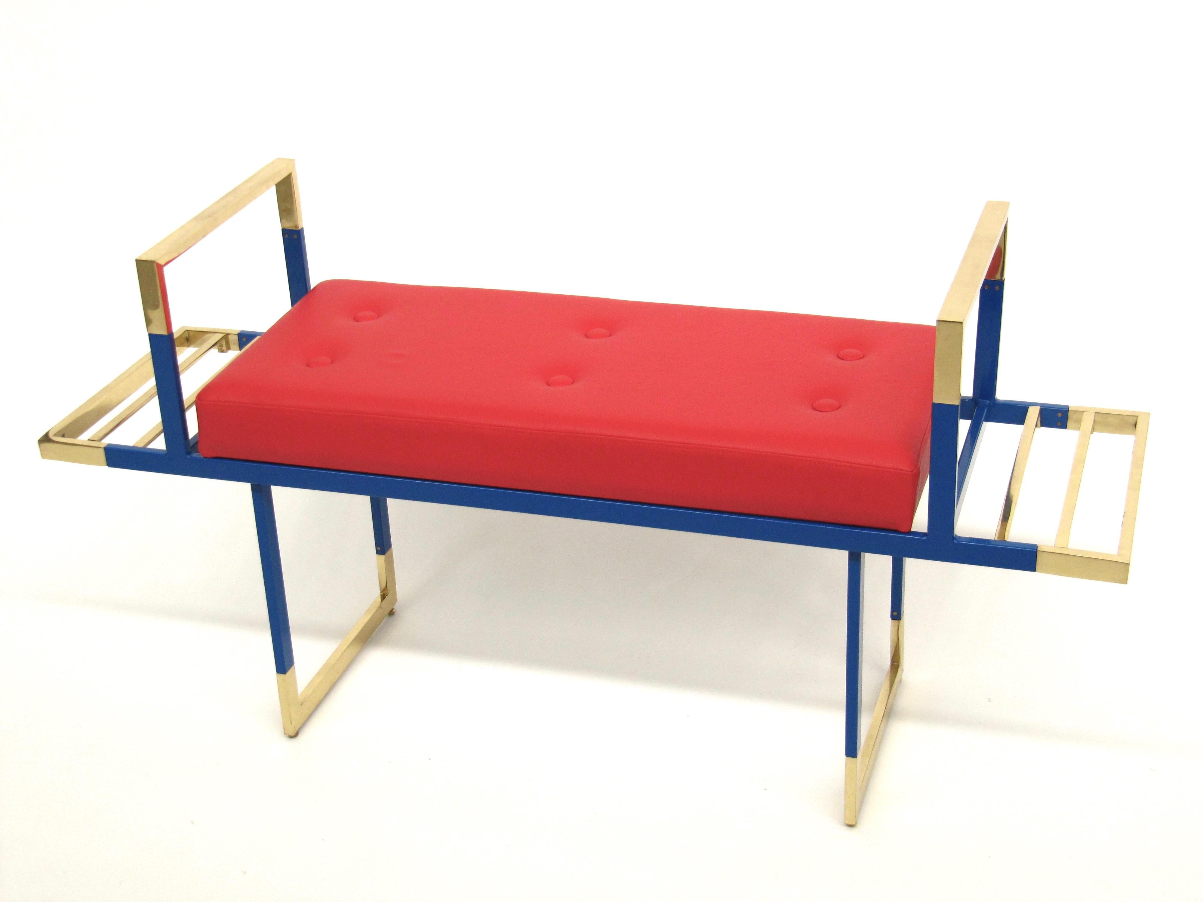 Other Mondrian Red Bench in Leather with Pink Glossy Brass and Black Iron, Italy For Sale