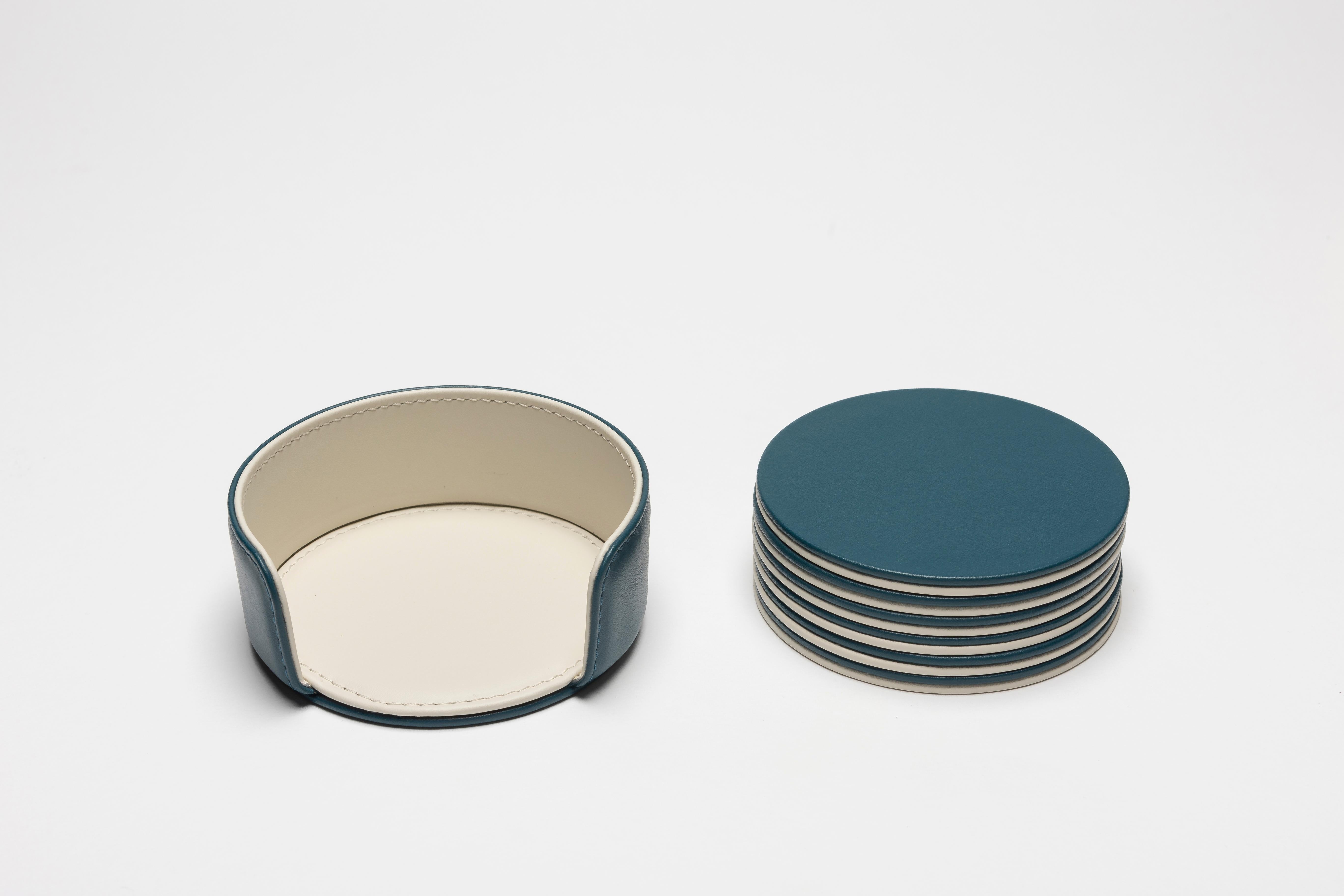 Italian MONDRIAN – Round Coasters Flat Set – 6 pieces – Amalfi Blue & Luna White in vendita