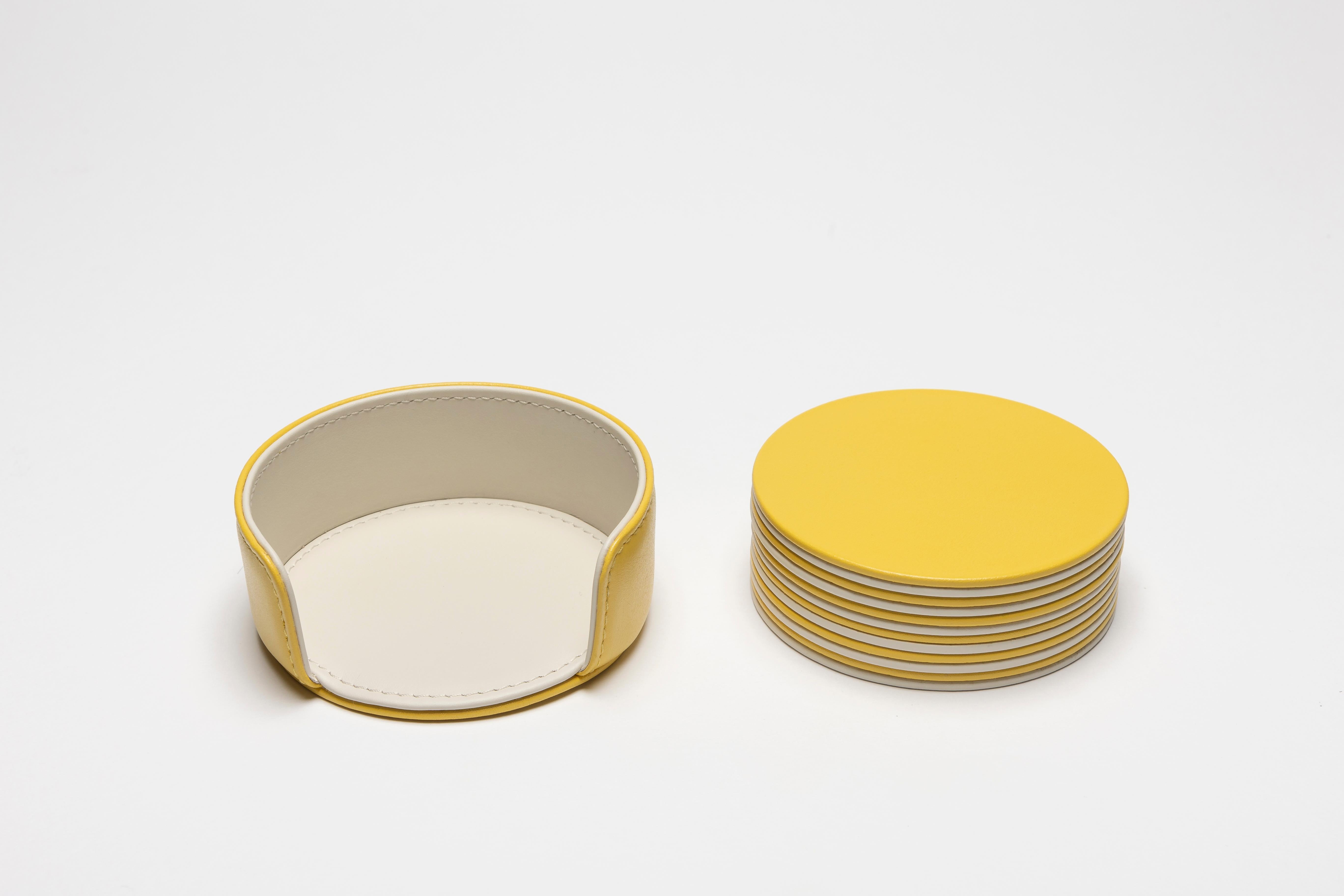 Italian MONDRIAN – Round Coasters Flat Set – 6 pieces – Cedro Yellow & Luna White in vendita