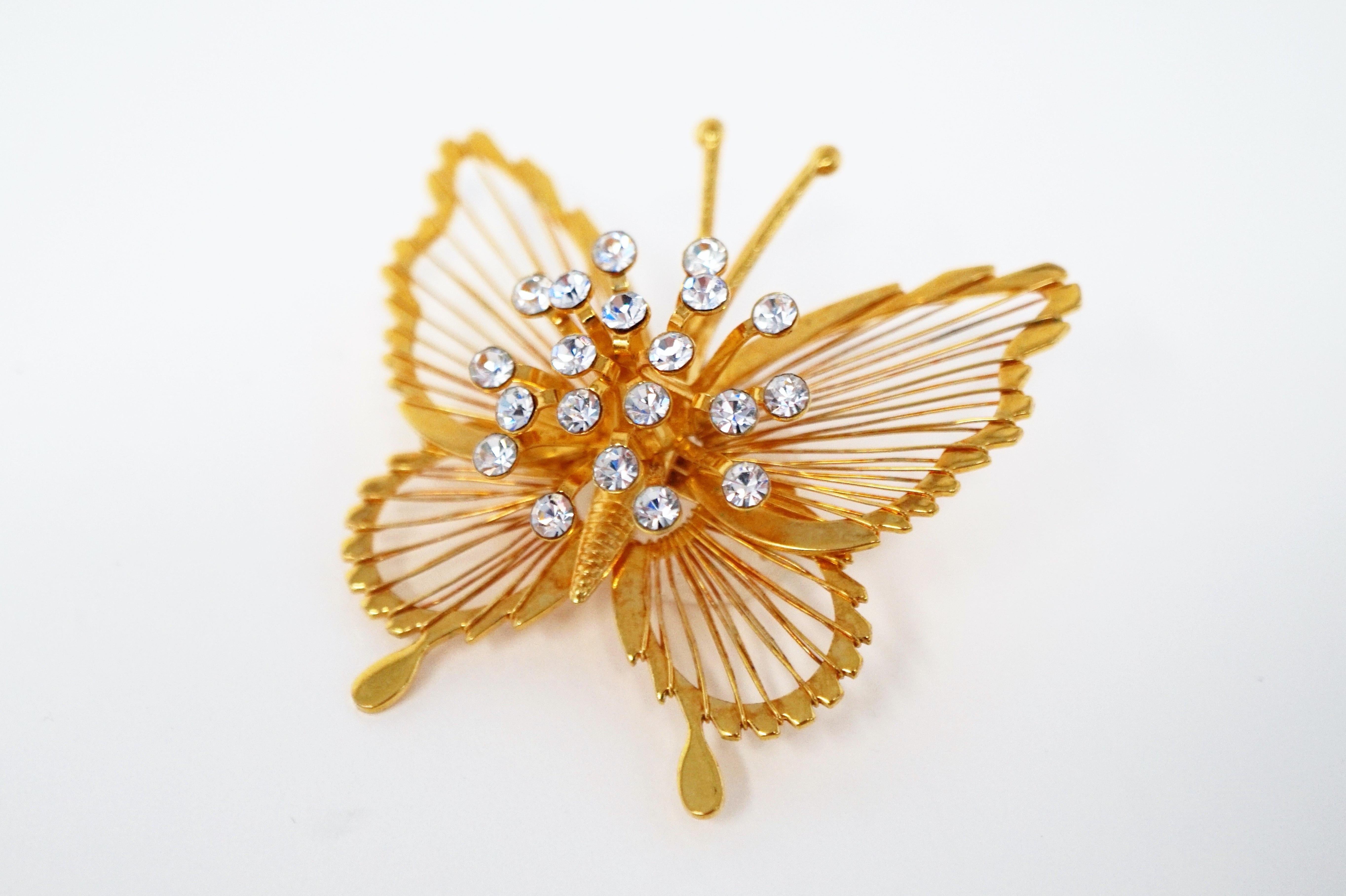 Modern Monet 1970s Gilded Butterfly Brooch with Crystal Rhinestones, Signed