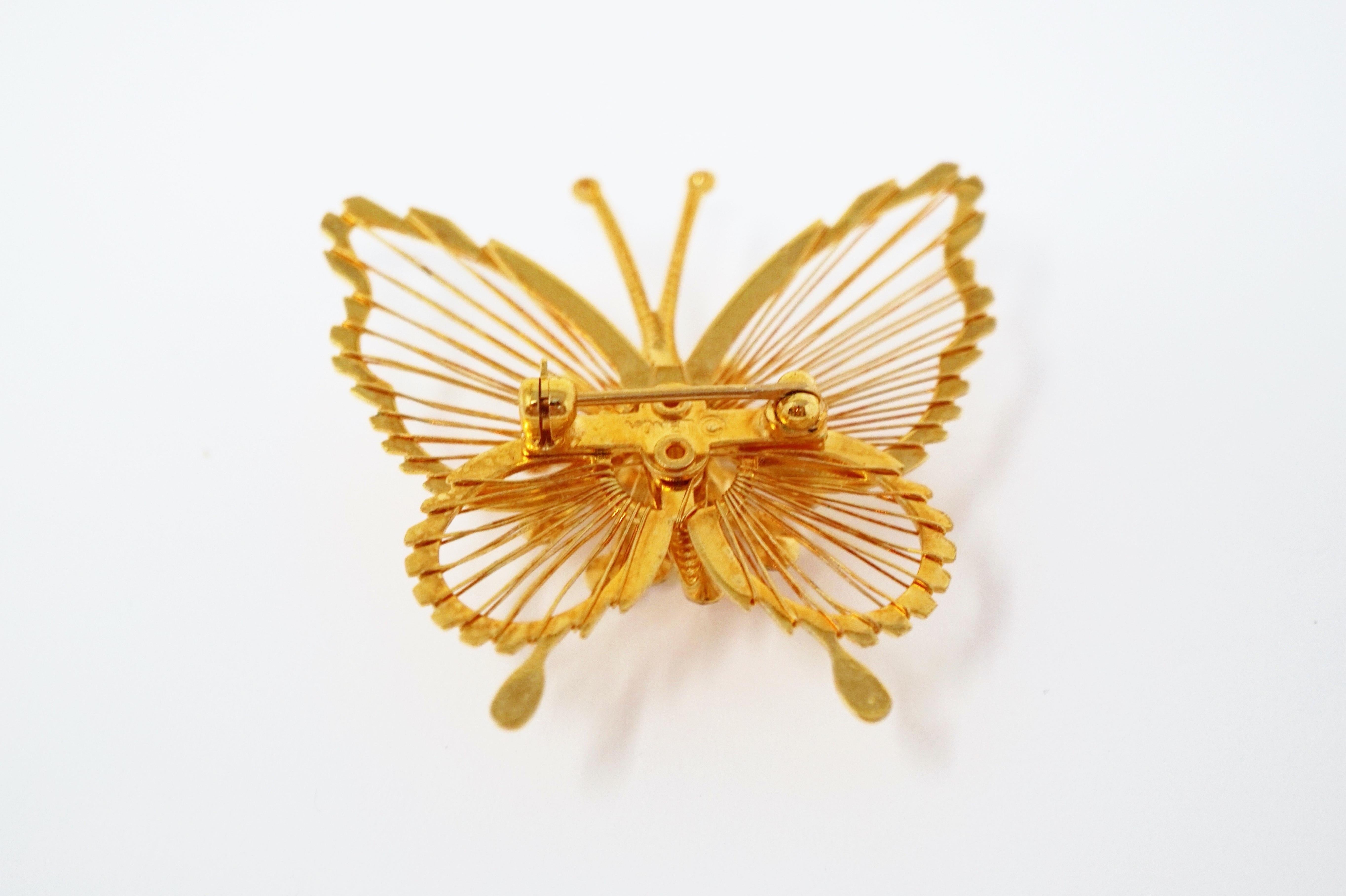 Women's or Men's Monet 1970s Gilded Butterfly Brooch with Crystal Rhinestones, Signed