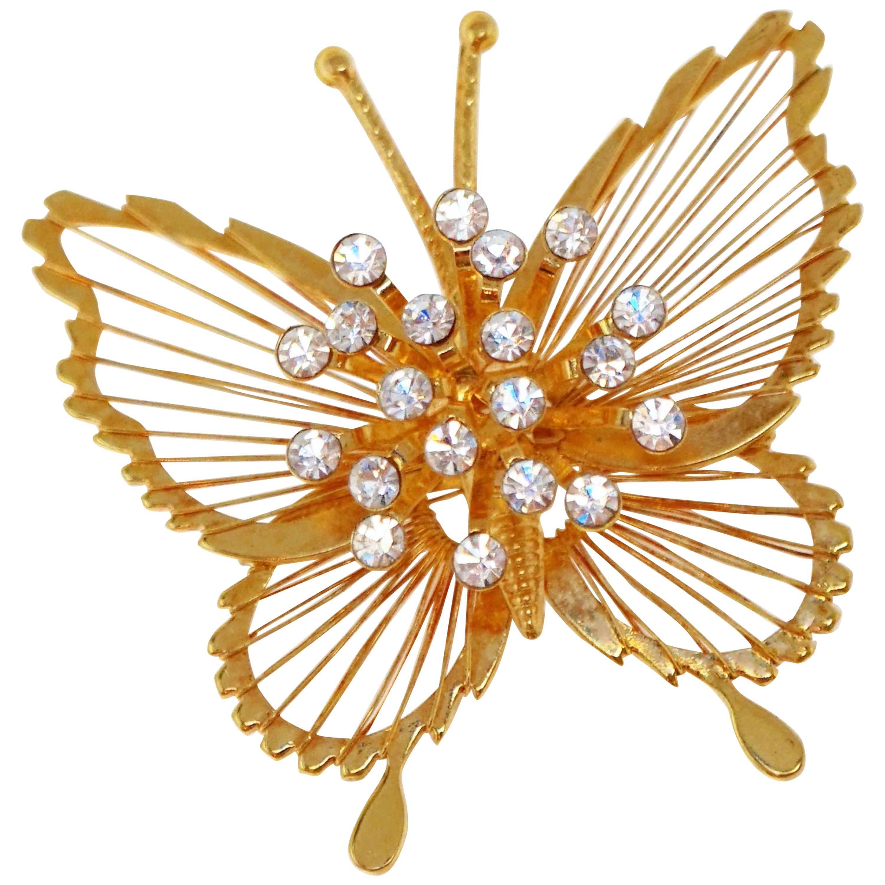 Monet 1970s Gilded Butterfly Brooch with Crystal Rhinestones, Signed