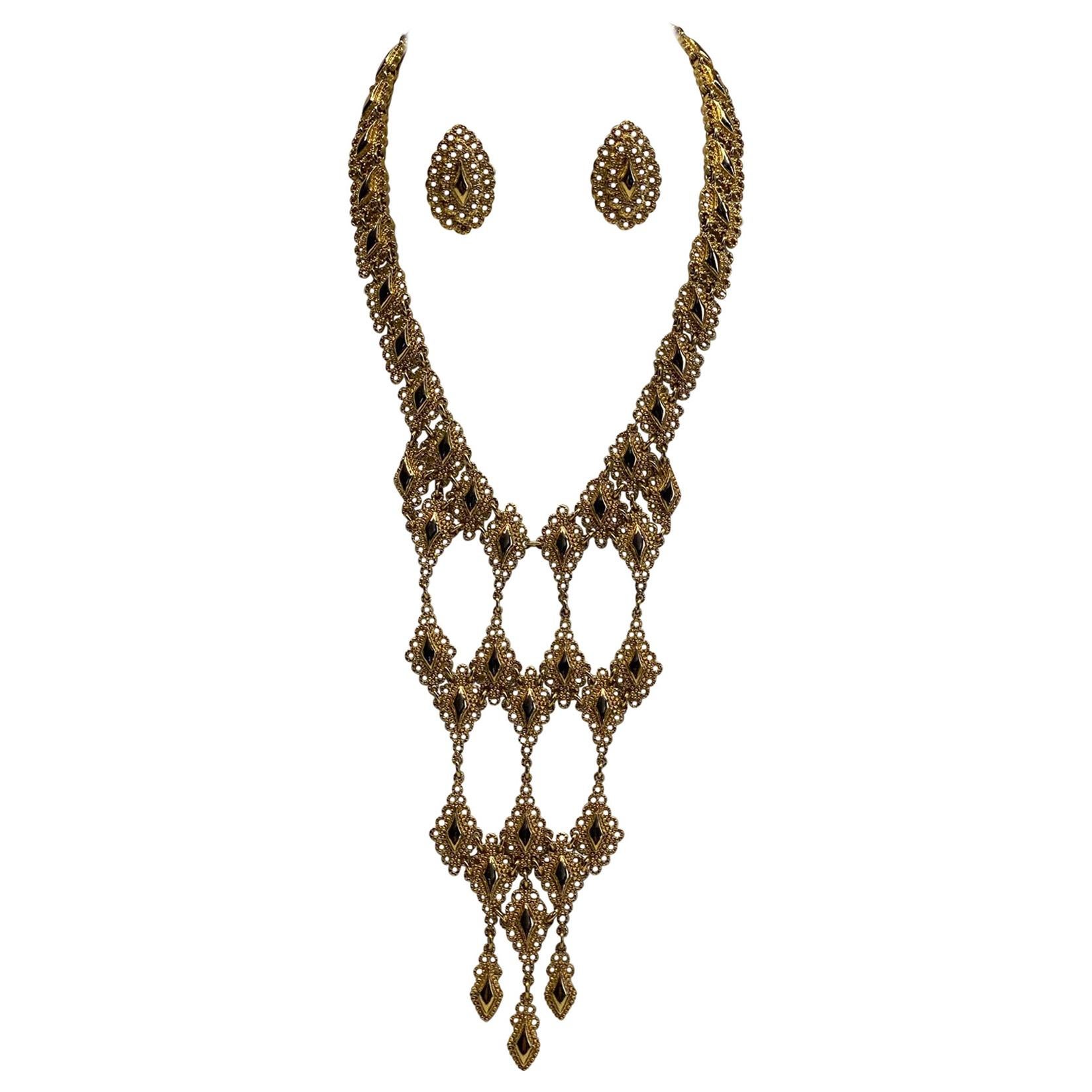Monet 1972 "Palaise" Gold Bib Necklace and Earrings Set