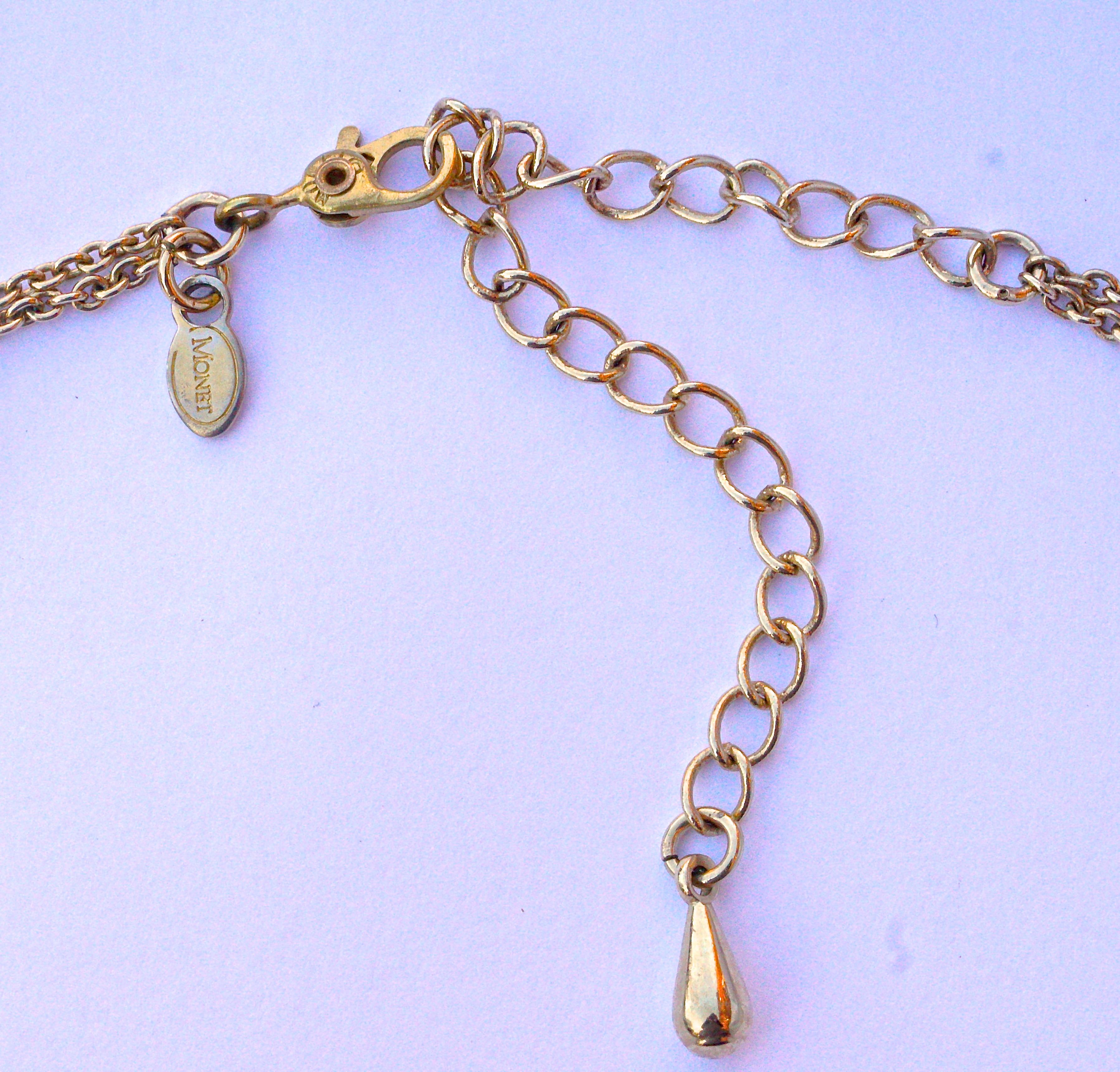 Women's Monet 1980s Gold Plated Green Resin Pendant Necklace with a Double Strand Chain