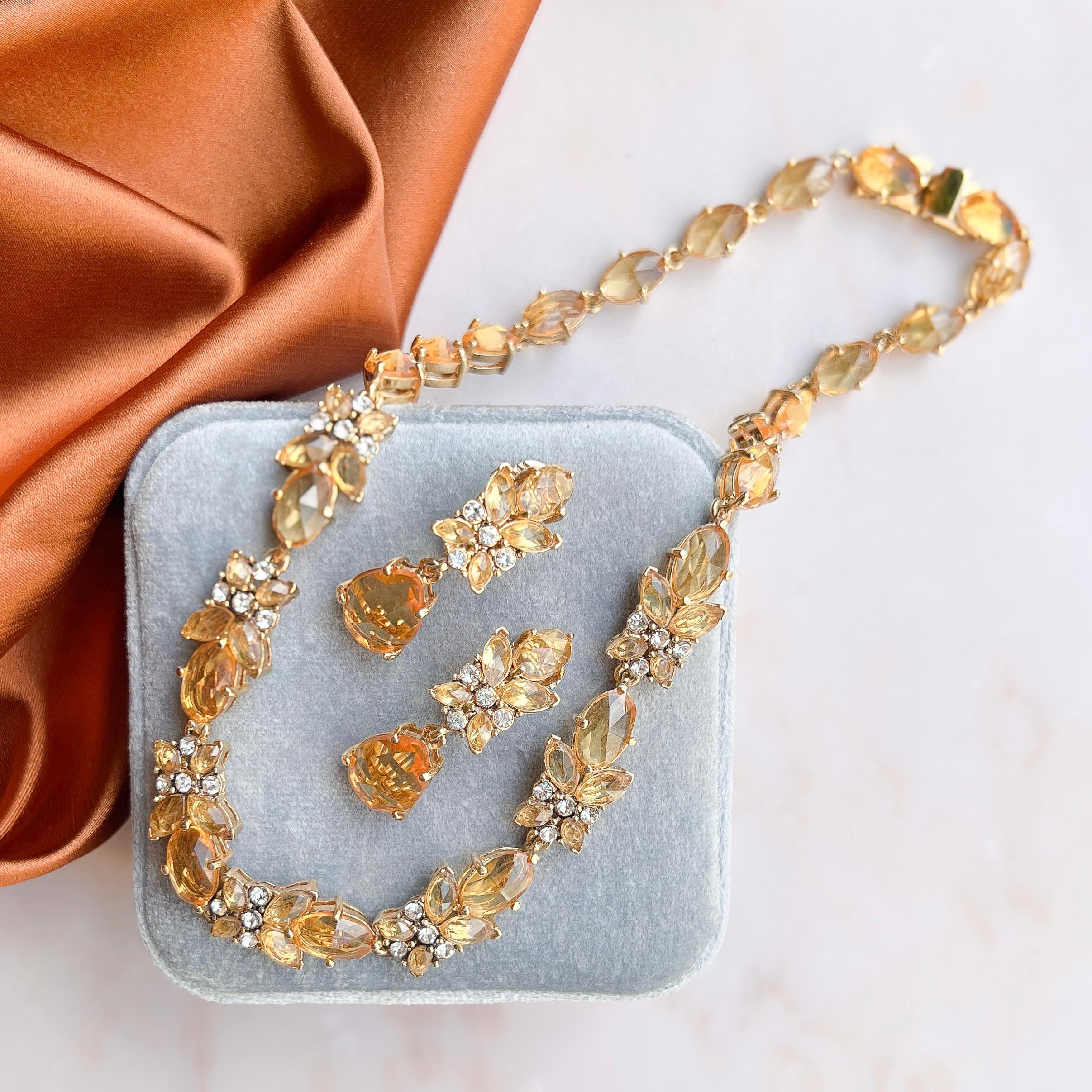 Women's Monet 1990s Gold Plate and Citrine Glass Vintage Necklace and Earrings Set For Sale