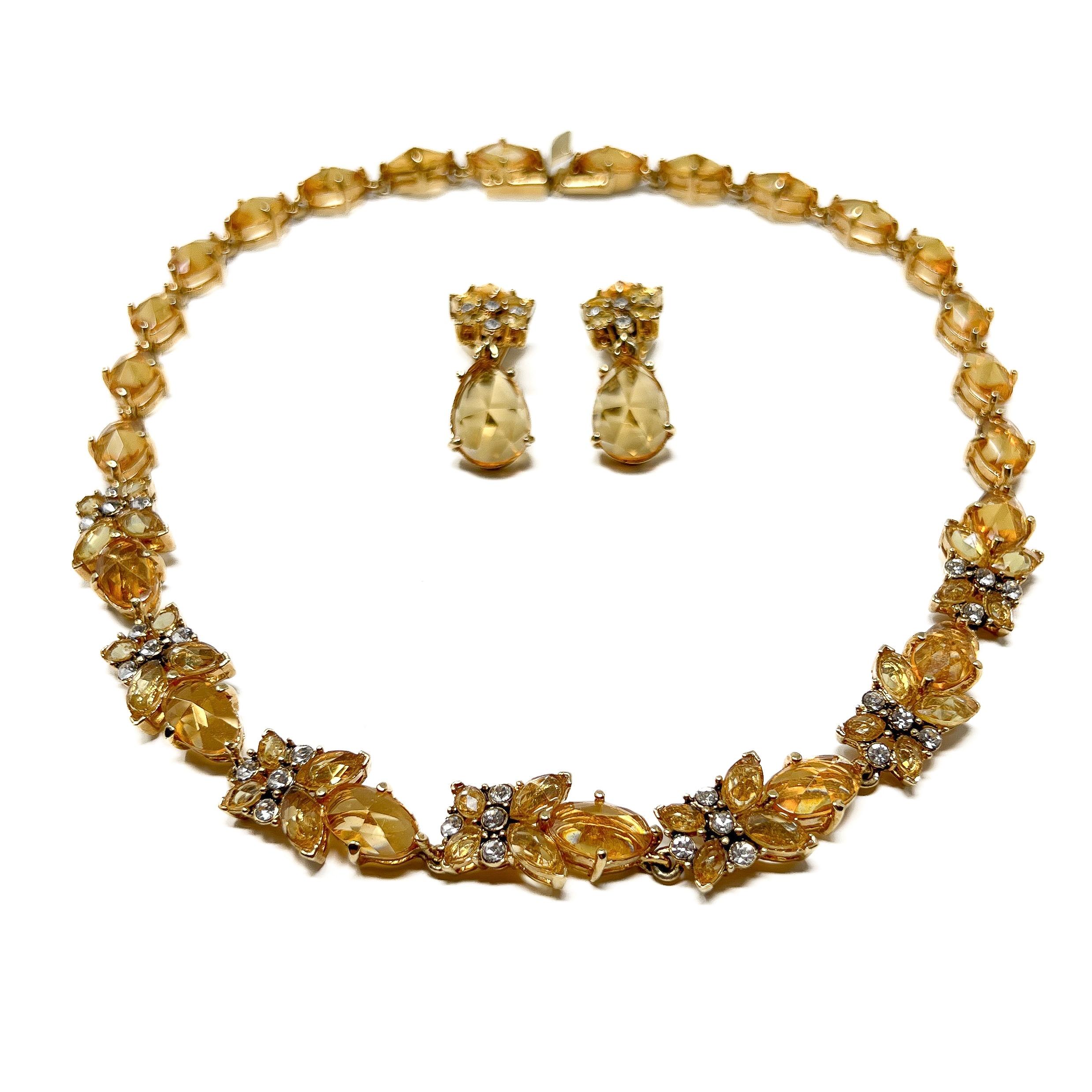 Monet 1990s Gold Plate and Citrine Glass Vintage Necklace and Earrings Set For Sale 2