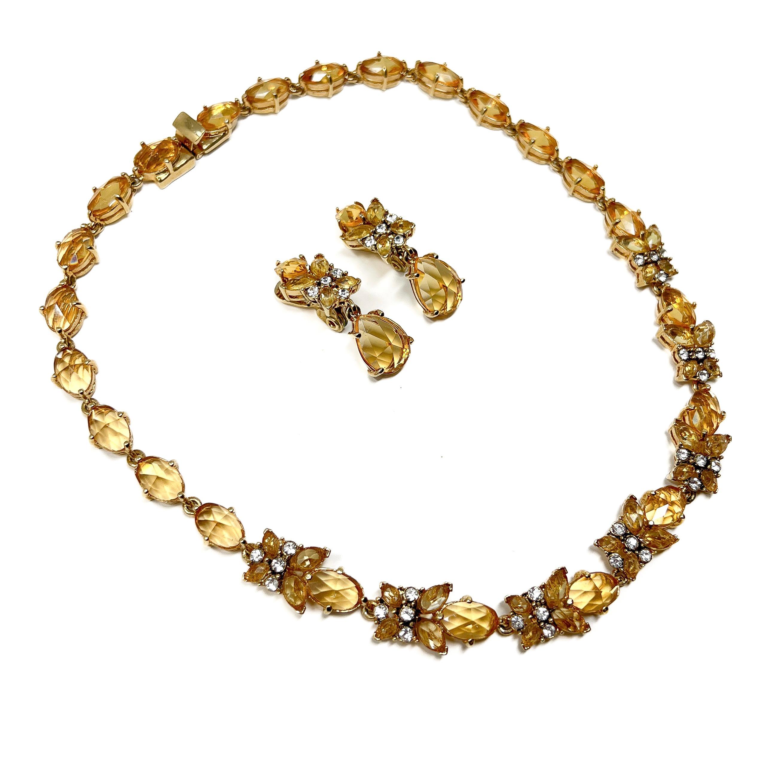 Monet 1990s Gold Plate and Citrine Glass Vintage Necklace and Earrings Set For Sale 3