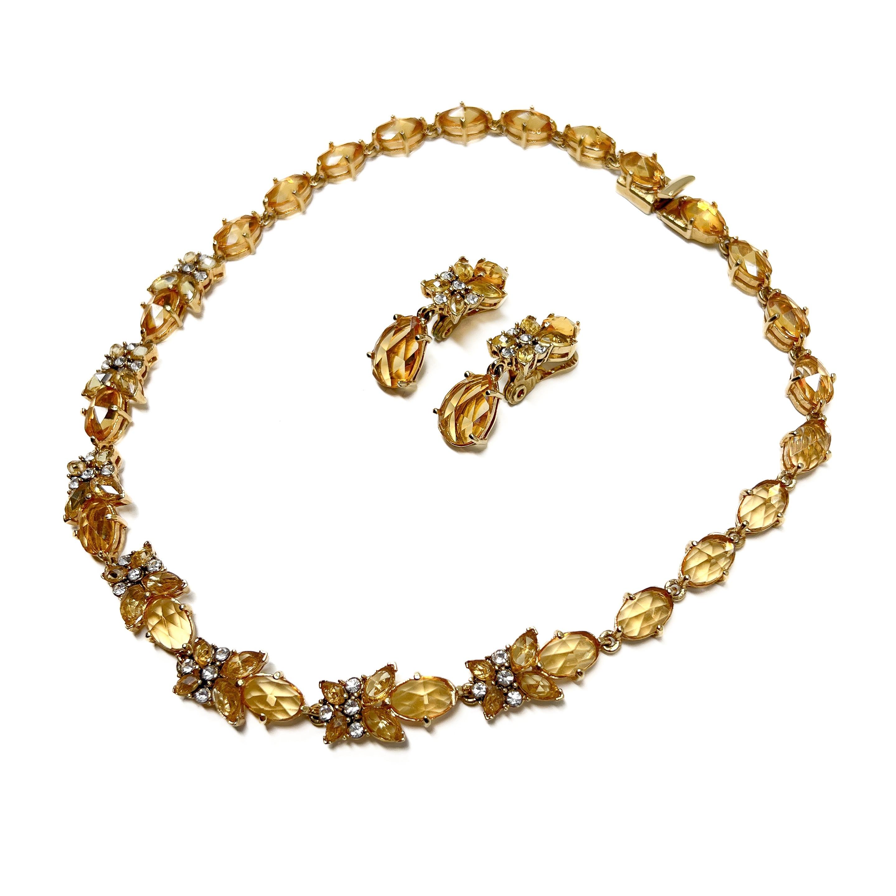Monet 1990s Gold Plate and Citrine Glass Vintage Necklace and Earrings Set For Sale 4