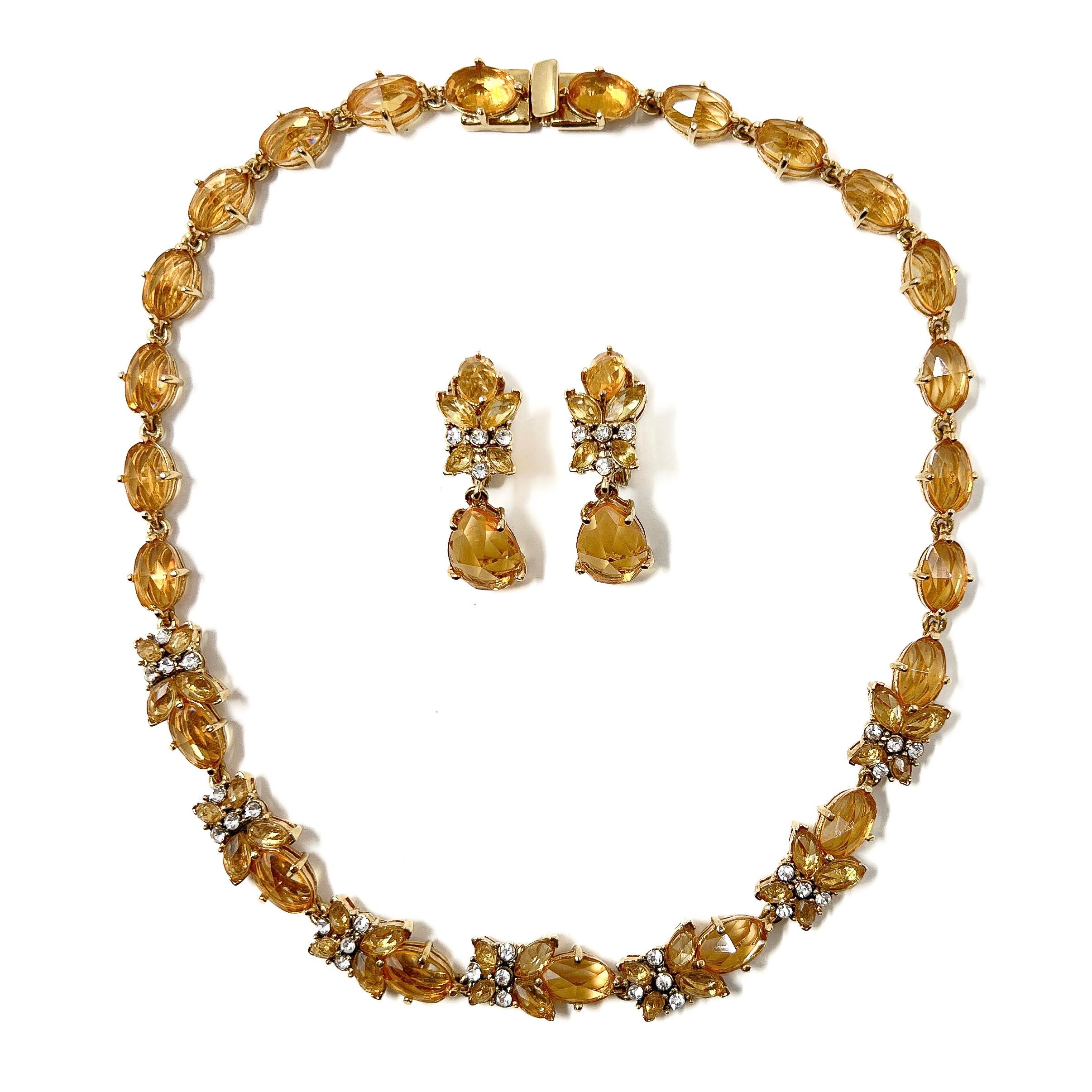 Monet 1990s Gold Plate and Citrine Glass Vintage Necklace and Earrings Set For Sale