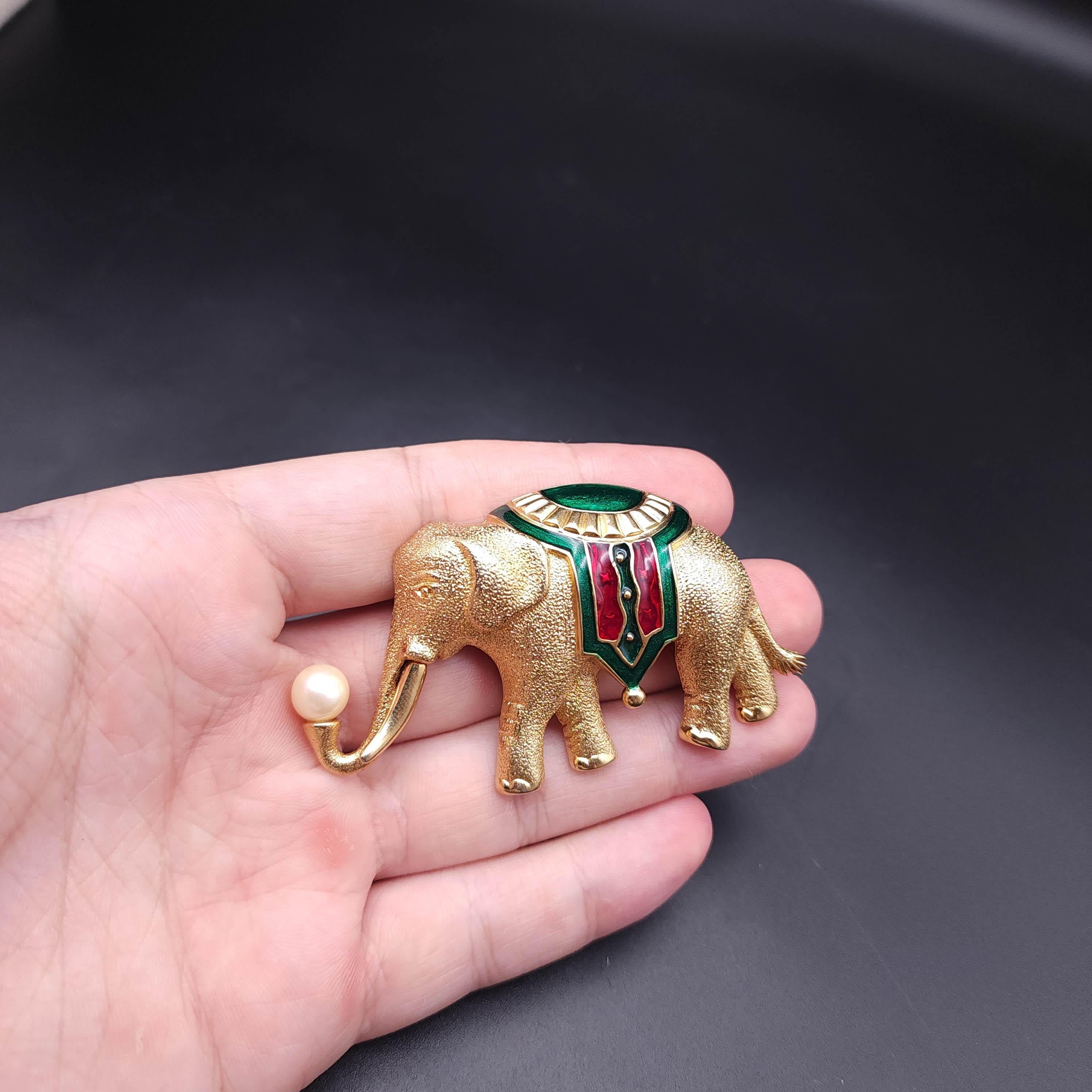 Women's or Men's Monet Elephant Brooch with Faux Pearl and Enamel Accents, Vintage, Gold Filled For Sale