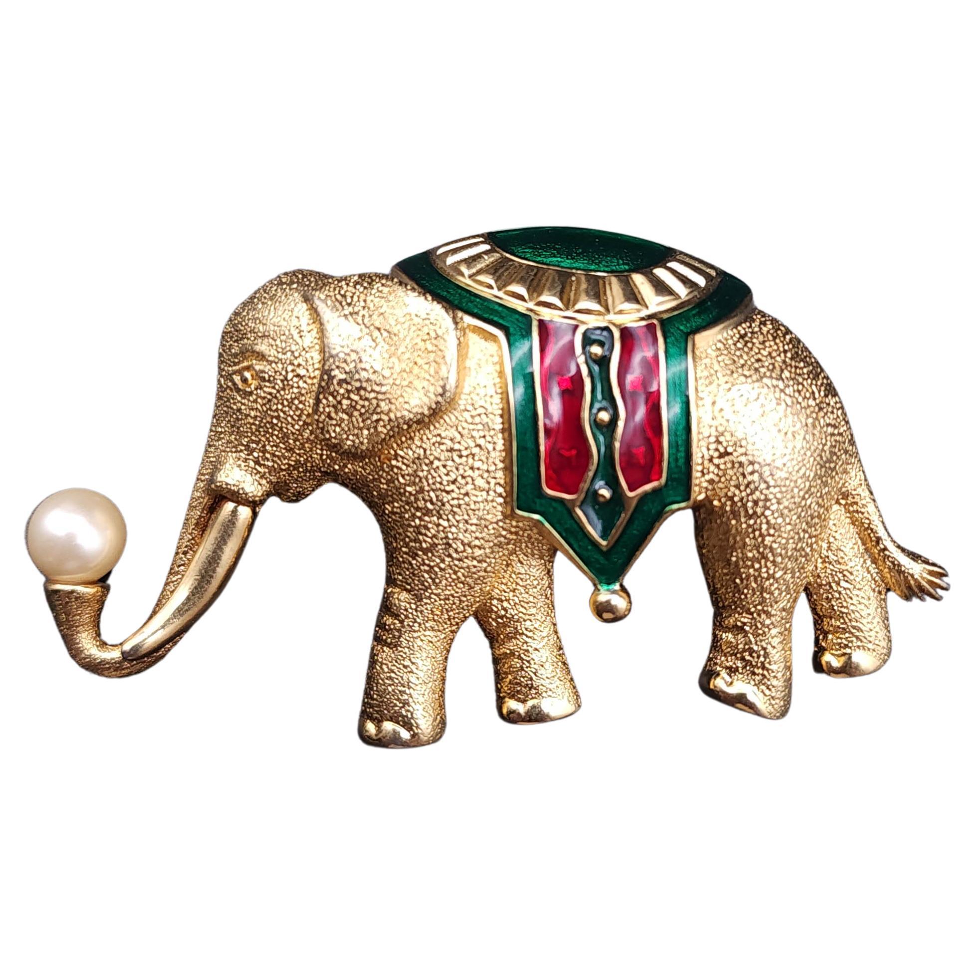 Monet Elephant Brooch with Faux Pearl and Enamel Accents, Vintage, Gold Filled For Sale