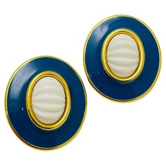 MONET gold enamel faux white coral designer runway clip on earrings