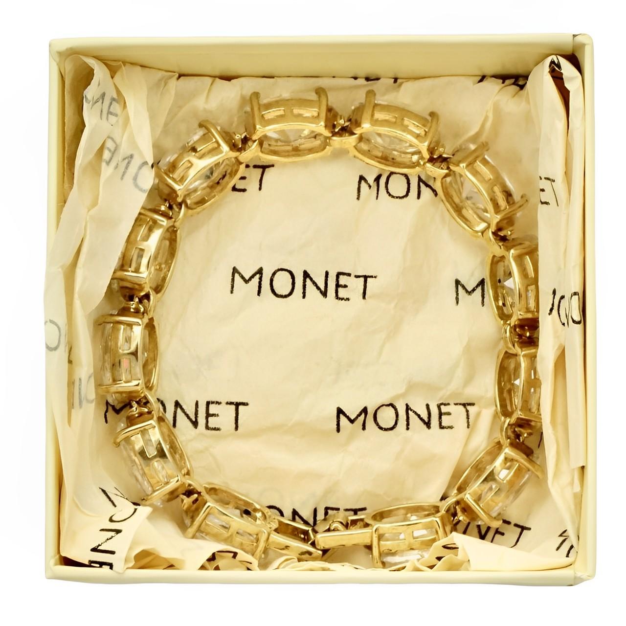 Monet Gold Plated and Large Clear Oval Rhinestone Link Bracelet For Sale 7