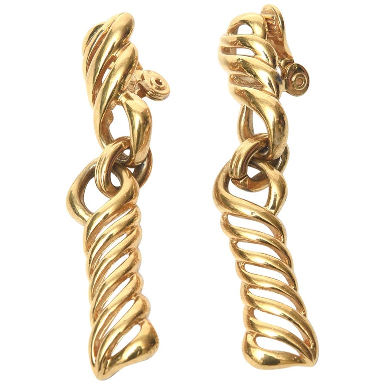 Monet Gold Plated Dangle Clip On Earrings For Sale at 1stdibs