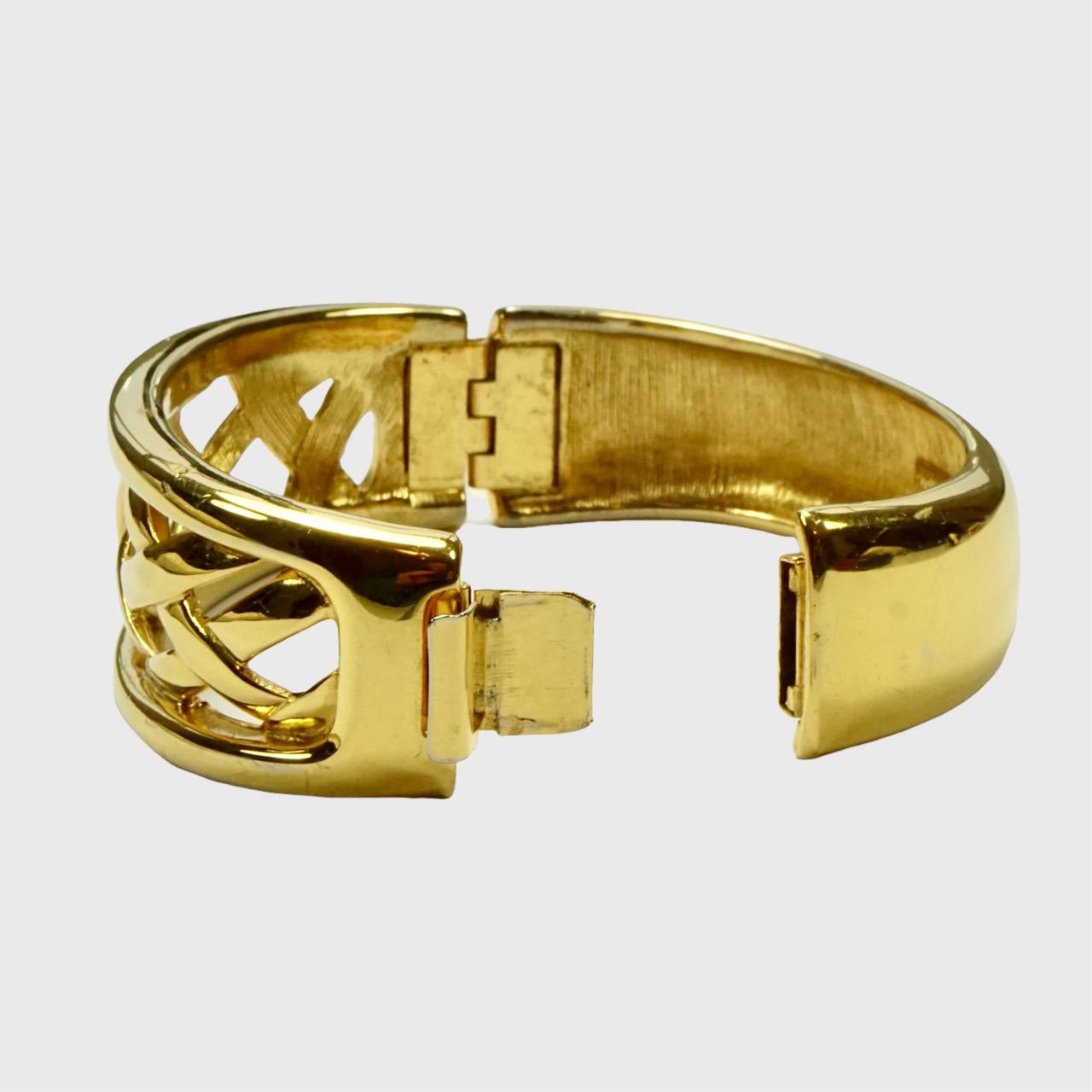 Monet Gold Plated Lattice Design Bangle Bracelet with Side Clasp In Good Condition For Sale In London, GB
