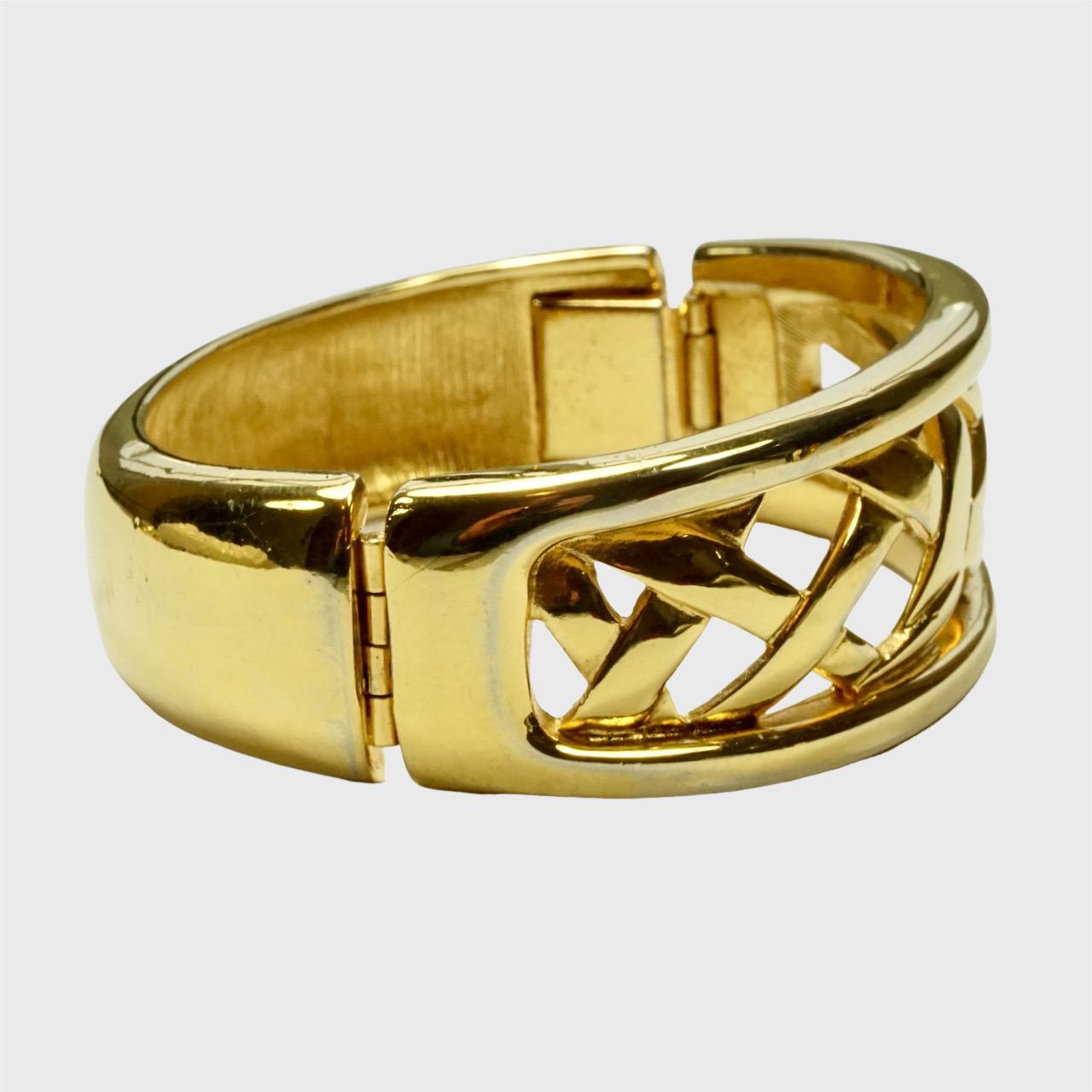 Women's or Men's Monet Gold Plated Lattice Design Bangle Bracelet with Side Clasp For Sale