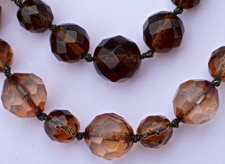 Gold Plated Multi Triple Strand Brown Glass Bead and Chain Necklace For Sale at 1stDibs