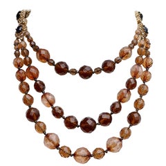 Retro Monet Gold Plated Multi Triple Strand Brown Glass Bead and Chain Necklace