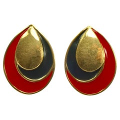Monet Gold Plated Teardrop Red and Black Enamel Earrings circa 1980s