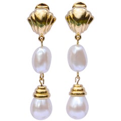 Monet Gold Tone Faux Pearl Drop Clip On Earrings, 1980s