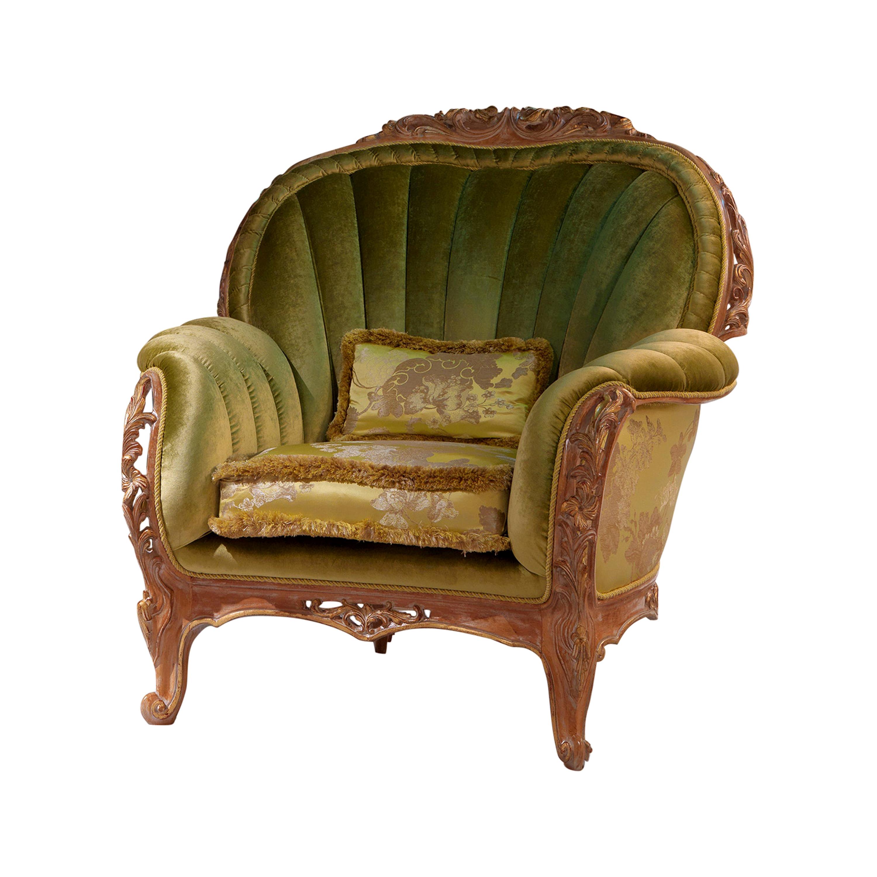 Monet Italian Armchair in Hand Carved Wood and Velvet Green Fabric by Zanaboni