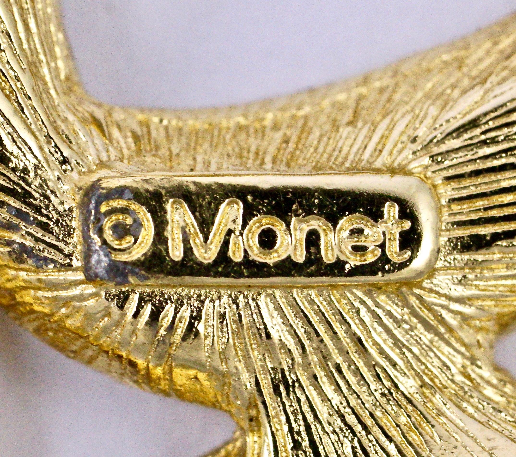 Women's or Men's Monet Large Gold Plated and Clear Rhinestone Brooch circa 1980s