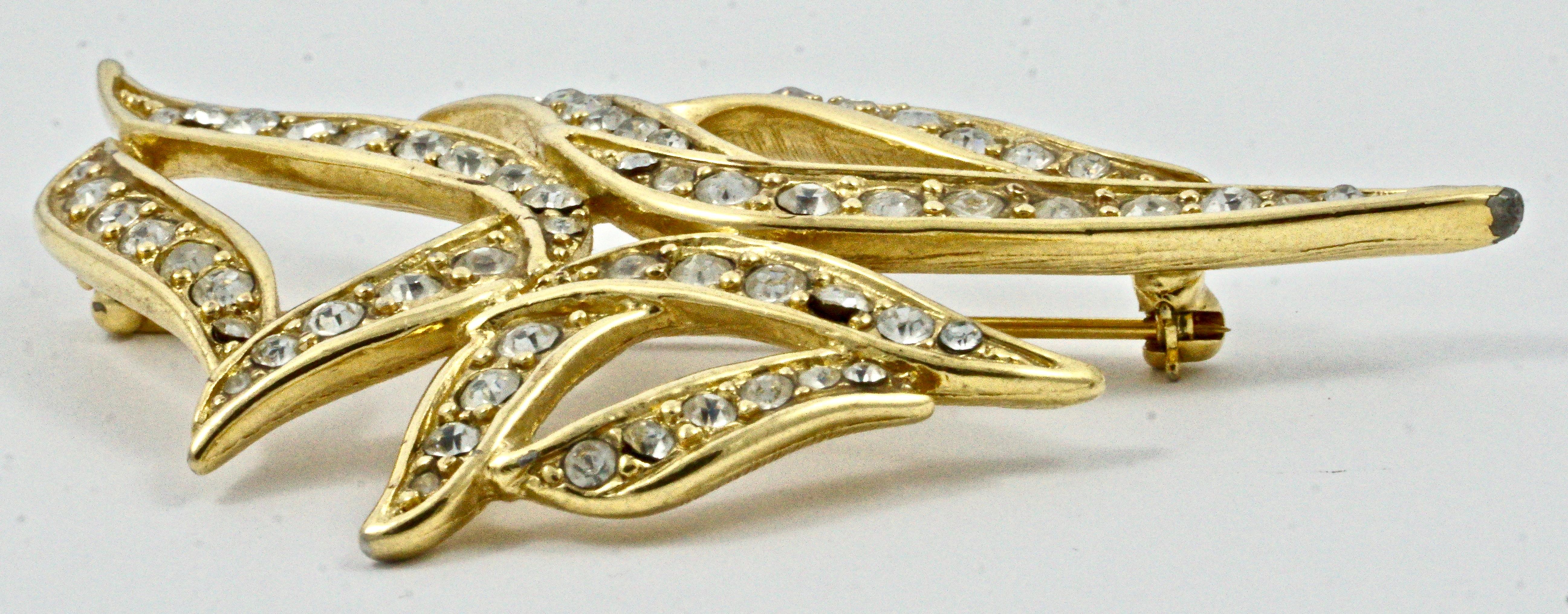 Monet Large Gold Plated and Clear Rhinestone Brooch circa 1980s 1