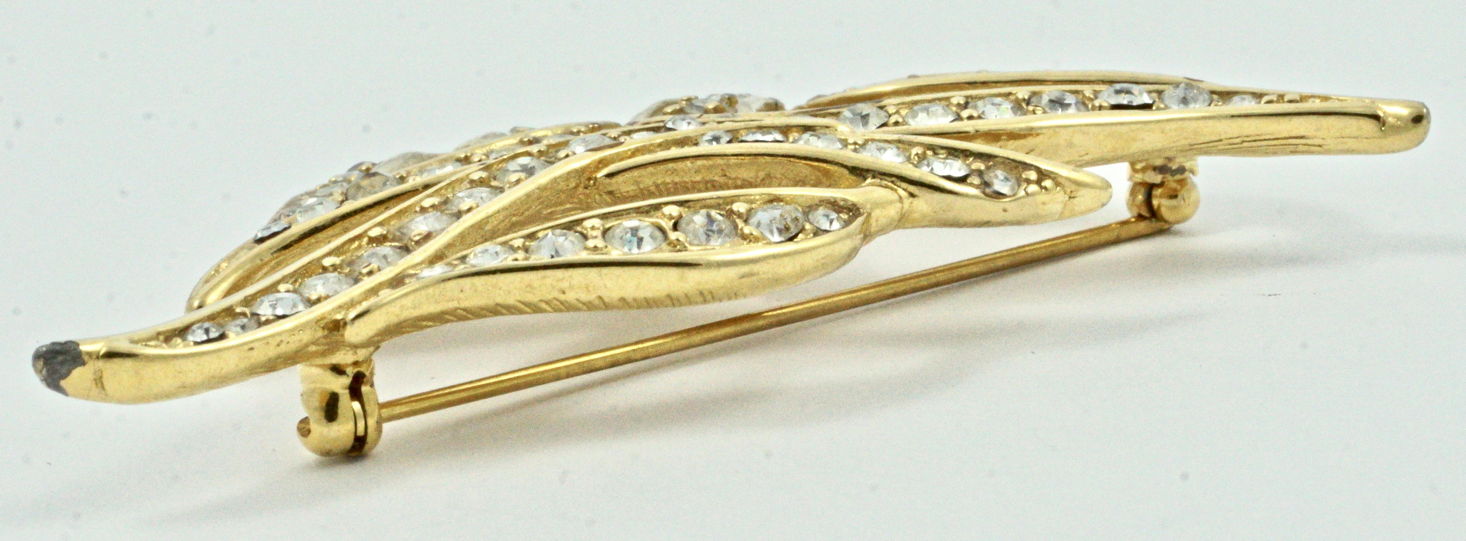 Monet Large Gold Plated and Clear Rhinestone Brooch circa 1980s 2