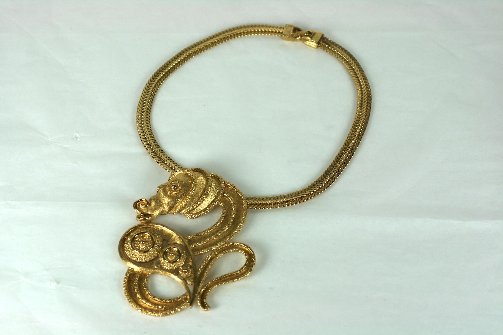 Amazing Monet Mythical Gold Seahorse Pendant Necklace on gilt herringbone chain. Large pendant in brushed  and textured gold measures 4