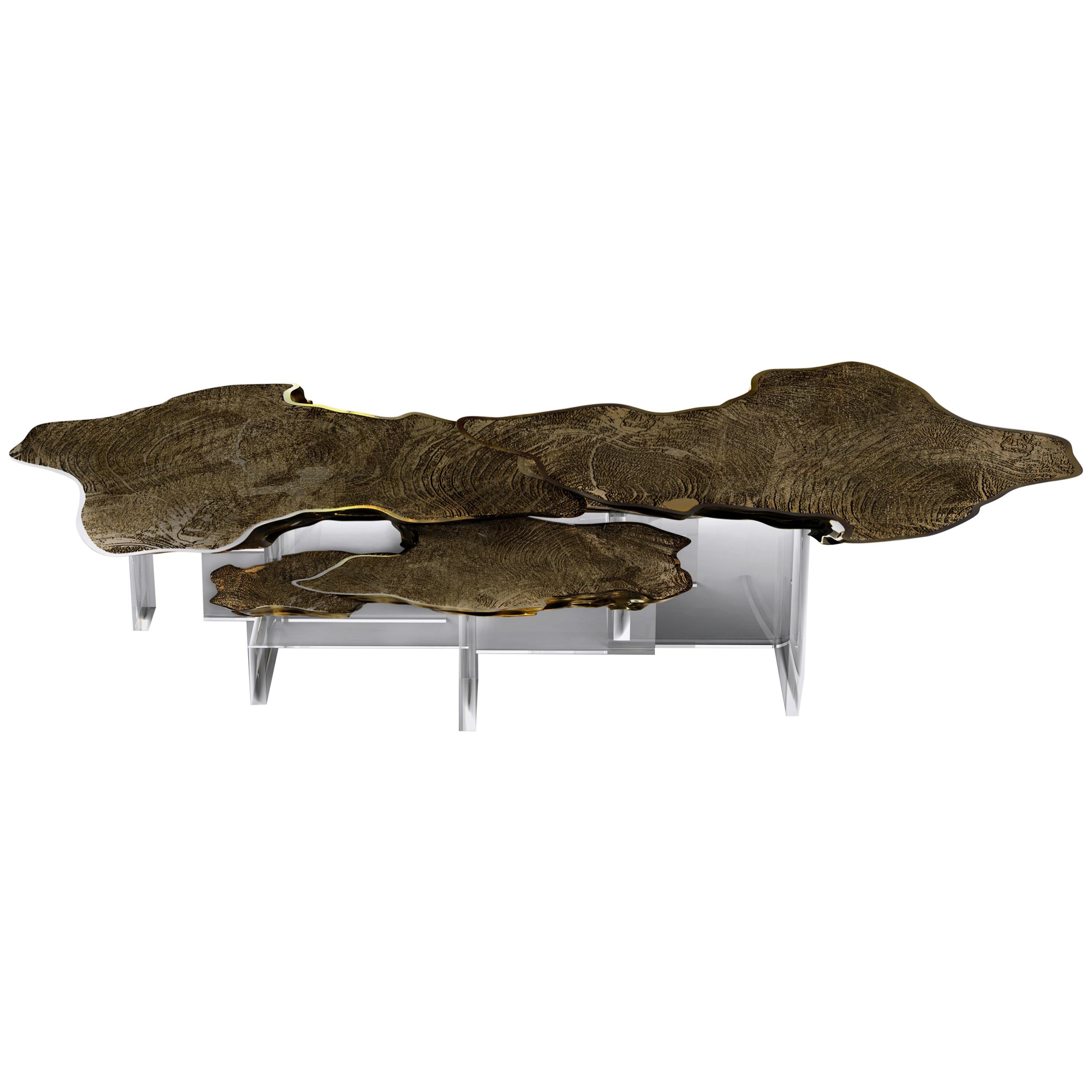Monet Center Table with Polished Casted Brass With Patina Top And Acrylic Base For Sale