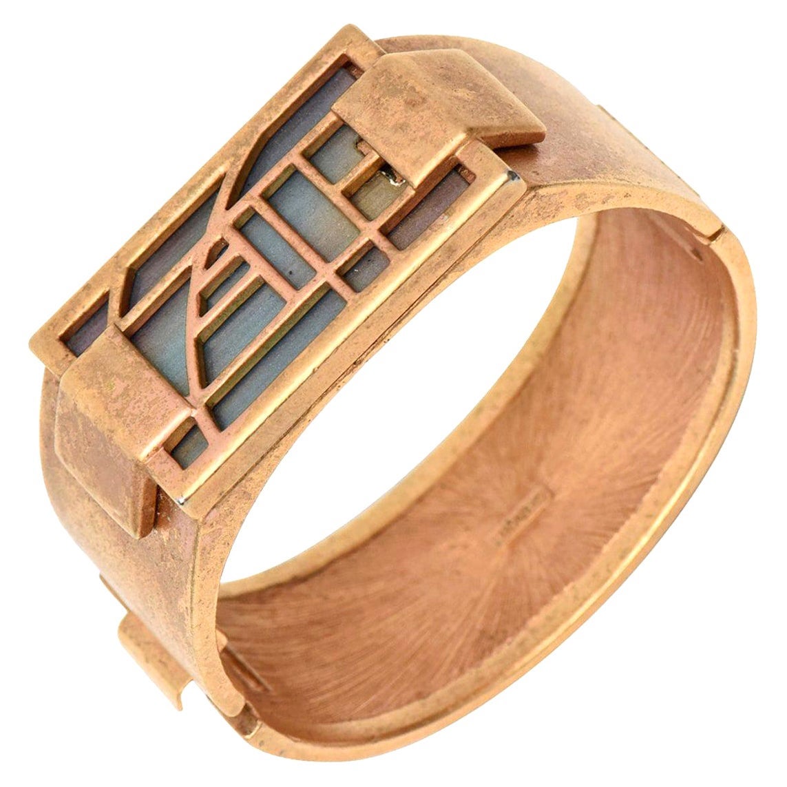 Pre-owned Monet Signed 1960's Gold Plated Hinged Cuff Bracelet With Stained Glass Resin In Brown