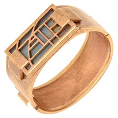 Monet Signed 1960's Gold Plated Hinged Cuff Bracelet With Stained Glass Resin
